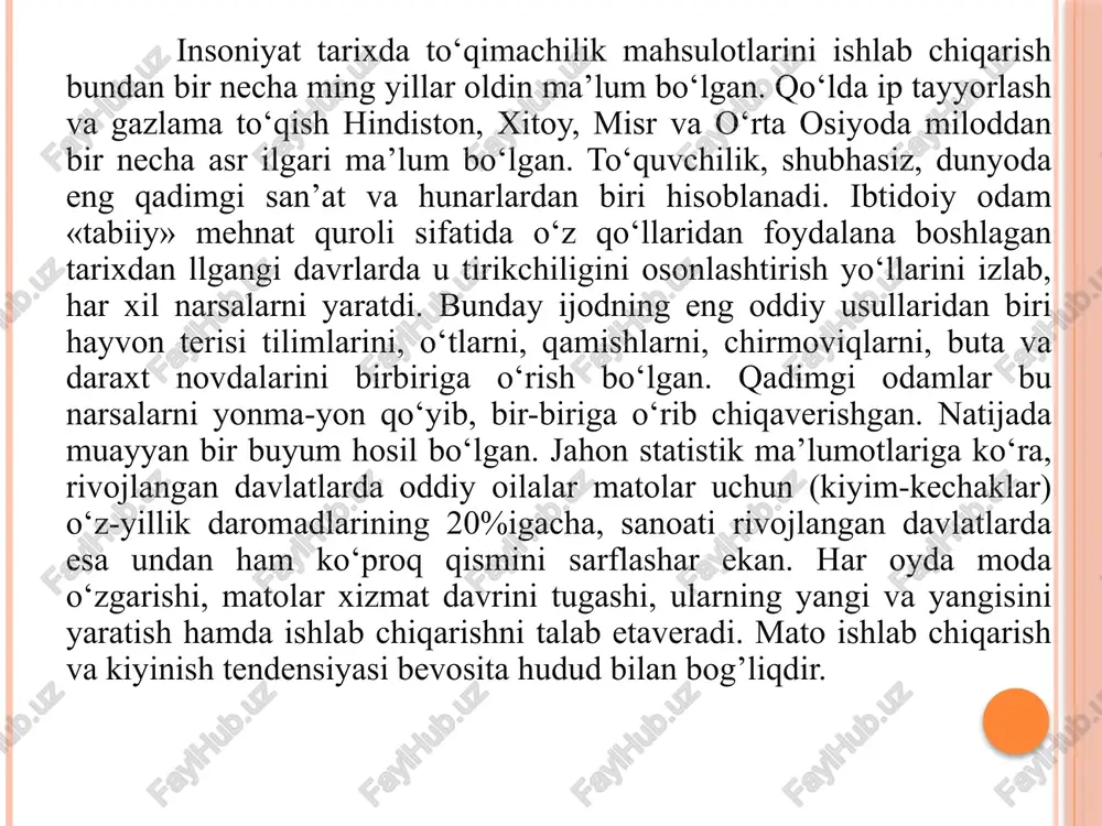 a zavodlar qurilib ishga tushirilgan. mamlakatimizdayildan-yilga paxta xom-ashyosini ishlab chiqarish ko‘payib borgan. 1923-1926-yillardan boshlab mamlakatimizda to‘qimachilik sanoati boshlangan va paxta tozalash zavodlari bilan bir qatorda 1926-yilda farg’ona to‘qimachilik fabrikasi qurilib ishga tushirilgan, keyinchalik esa u katta to‘qimachilik kombinatiga aylantirilgan. 1926-yilda farg’ona to‘qmachihk fabrikasi, 1927-yilda farg’ona va samarqandda pillakashlik fabrikalari, 1928-yili buxoro va marg’ilonda pillakashlik korxonalari qurilib ishga tushgan bo‘lsa, 1930-yilda samarqand shoyi fabrikasi, 1932-yilda toshkent to‘qimachilik kombinati, 1960-yillarning o‘rtalarida namanganda «kastyumbob va shtapel gazlamalar ishlab chiqarish» kombinati, toshkentda «malika» trikotaj ishlab chiqarish birlashmasi, andijonda ichki trikotaj buyumlari fabrikasi va boshqa to‘qimachilik korxonalari qurilib, mahsulot ishlab chiqara boshlangan. gazlama va ip bilan ishlash darslarini tashkil etish metodikasi tikish darslarida beriladigan politexnik bilim bolalarning bilim doiralarini kengaytiradi. bolalarning tasavvurlarini insoniyat hayotida muhim o‘rinni egallovchi hamda keng tarqalgan materiallar va ularning xususiyatlari, sanoatning gazlama va tolali materiallar ishlab chiqaruvchi tarmoqlari, materiallardan texnika va insonning madaniy hamda maishiy ehtiyojlarini qondiruvchi ishlab chiqarish kabilar bilan …