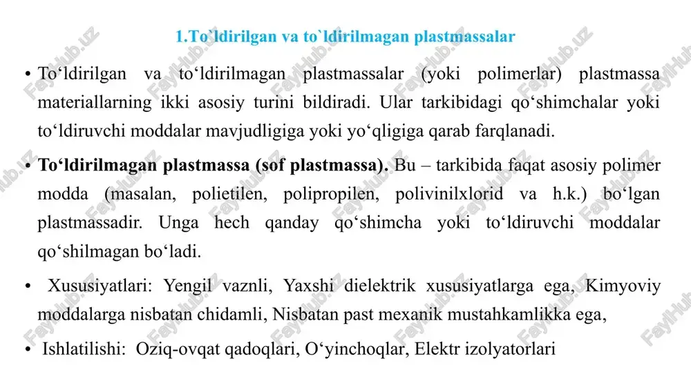 gips, kaolin, kvars uni, qum, asbest, paxta chiqindilari, shisha tolalari, gazlama bo‘laklari, qog‘oz, yog‘och qirindilari qo‘llaniladi. to‘ldirgich miqdori 60% dan ortib ketsa, plastmassaning puxtaligi keskin kamayadi. to‘ldirgichlar - qattiq, suyuq va gazsimon bo‘lishi mumkin. amalda ko‘proq qattiq kukunsimon organik yoki noorganik to‘ldirgichlar qo‘llaniladi. to‘ldirgichlarni kiritishdan maqsad, materialni fizik-mexanik va texnologik xossalarini o‘zgartirish, materialning hajmini ko‘paytirish, yana tannarxini arzonlashtirish hamda, to‘ldirgichlar materialni rangini o‘zgartirshga olib keladi. keng tarqalgan ko‘chaytiruvchi to‘ldirgichlarga texnik uglerod kiradi (qurum, qorakuya). texnik uglerodni-rezina qorishmasiga kiritilsa, uning mustahkamligi oshadi, ishqalanishga qarshiligi oshadi. 2.polimer plastifikatorlar va ularning vazifasi plastifikatorlar (yunoncha: plastos – plastik va lot. facio – qilaman) – polimerlarning plastiklik va elastiklik holatini yaxshilovchi organik birikmalar. plastifikatorlar polimerlarning sovuqqa chidamliligini oshiradi va ishlov berilishini yaxshilaydi. plastifikatorlar kimyoviy jihatdan barqaror, suvda erimaydigan, issiq va nurga bardoshli hamda zaharsiz boʻlishi kerak. kimyoviy tuzilishiga qarab quyidagi asosiy turlarga boʻlinadi: ftalatlar – ortoftalat kislotaning efirlari. polimerlarning sovuqqa chidamliligini oshiradi va dielektriklik xossasini …