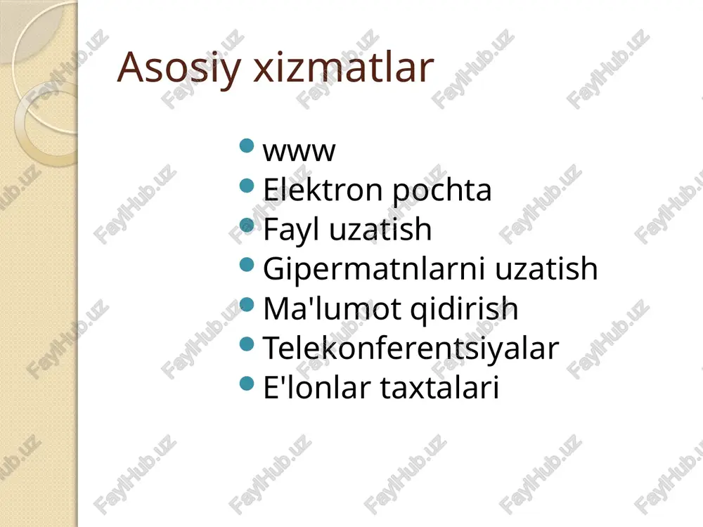 glarni qidirish odamlar tomonidan yaratilgan, daraxtga o'xshash qidiruv tizimidan foydalaning; veb-sahifalarning kichik qamrovi; yuzaki, umumiy, ixtisoslashgan bo'lmagan qidiruv uchun qulay (fan - fizika - atom yadrosi - ...) yahoo! - butun dunyo (rus tilini qo'llab-quvvatlamaydi) yandex - rossiya va mdh (eng katta katalog) aport - rossiya va mdh (o'rta katalog, qulay) qidiruv indekslari (ko'rsatkichlar) avtomatik ravishda tuzilgan va kalit so'zlardan foydalaning google - butun dunyo altavista - butun dunyo yandex - rossiya va mdh rambler - rossiya va mdh (mashhur) aport - rossiya va mdh e'lonlar taxtalari e'lonlar joylashtirilgan individual server xotirasi. bir nechta alohida telefon kanallari ulangan. abonent menyu tizimiga kiradi, bo'limni tanlaydi, o'zi uchun ma'lumotni qayta yozadi yoki ma'lum bir foydalanuvchi uchun xabar qoldiradi. telekonferentsiyalar muayyan mavzular bo'yicha elektron xabarlar almashinuvi. xabarlar oldindan tayyorlanadi, kerakli xabarlar (mavzular) mavzusi ko'rsatiladi. ishtirokchi server bilan bog'lanadi. kompyuter yozma xabarlarni uzatadi va yangilarini oladi. video (veb-kamera) yordamida real vaqt rejimida konferentsiya o'tkazishingiz …