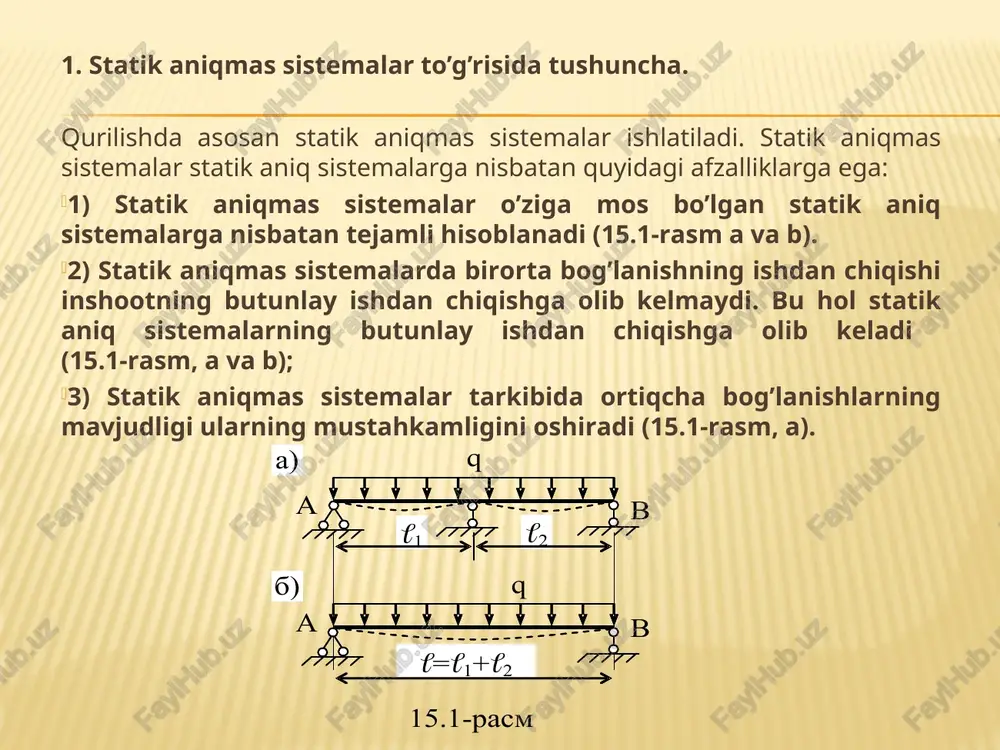 ash va kombinatsiyalash usuli. bu usulda sistemaning ortiqcha bog’lanishlari bir qismida zo’riqish kuchlari, qolgan qismida esa sistema tugunlarining ko’chishlari noma’lum deb qabul qilinadi. kuchlar va ko’chishlar usulining bir vaqtda qo’llanilishi sababli ushbu usul aralash usuli deyiladi. 4. ketma-ket yaqinlashish usullari. ushbu usullar ko’chishlar usulining takomillashgan taqribiy usullari hisoblanadi. 5. matritsalar usuli. bu usul matritsalar yordamida ehm lar bilan hisoblashga asoslangan. 3. statik aniqmaslik darajasi. statik aniqmas sistemalardagi ortiqcha bog’lovchilar soni sa quyidagi formulaga asosan aniqlanadi: marta statik noaniq marta statik noaniq kuchlar usulining asosiy sistemasi asosiy sistema deb, statik aniqmas sistemadagi ortiqcha bog’lanishlar noma’lum kuchlar bilan almashtirilgan, statik aniq va geometrik o’zgarmas qilib tanlangan sistemaga aytiladi. 2 marta statik noaniq sistema kuchlar usulining asosiy sistemasi 3 marta statik noaniq sistema kuchlar usulining kanonik tenglamalari agarda sistema n marta statik noaniq bo’lsa, kanonik tenglamadagi tenglamalar soni ham n ta bo’ladi:            …