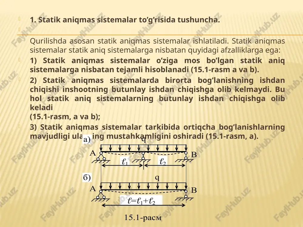 ash va kombinatsiyalash usuli. bu usulda sistemaning ortiqcha bog’lanishlari bir qismida zo’riqish kuchlari, qolgan qismida esa sistema tugunlarining ko’chishlari noma’lum deb qabul qilinadi. kuchlar va ko’chishlar usulining bir vaqtda qo’llanilishi sababli ushbu usul aralash usuli deyiladi. 4. ketma-ket yaqinlashish usullari. ushbu usullar ko’chishlar usulining takomillashgan taqribiy usullari hisoblanadi. 5. matritsalar usuli. bu usul matritsalar yordamida ehm lar bilan hisoblashga asoslangan. 3. statik aniqmaslik darajasi. statik aniqmas sistemalardagi ortiqcha bog’lovchilar soni sa quyidagi formulaga asosan aniqlanadi: marta statik noaniq marta statik noaniq kuchlar usulining asosiy sistemasi asosiy sistema deb, statik aniqmas sistemadagi ortiqcha bog’lanishlar noma’lum kuchlar bilan almashtirilgan, statik aniq va geometrik o’zgarmas qilib tanlangan sistemaga aytiladi. 2 marta statik noaniq sistema kuchlar usulining asosiy sistemasi 3 marta statik noaniq sistema kuchlar usulining kanonik tenglamalari agarda sistema n marta statik noaniq bo’lsa, kanonik tenglamadagi tenglamalar soni ham n ta bo’ladi:            …