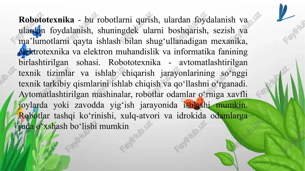 shlab chiqarish dinamikasi: robotlar ishlab chiqarish yiliga o‘rtacha 20-30% ga ortib bordi va 1998-yilda 1 mln. taga yetdi. xx asrning oxirgi o‘n yilida sanoat robotlarining narxi 5 barobarga tushdi, ularning texnik xarakteristikalari esa yaxshilandi. buning natijasida robotlardan foydalanish samaradorligi oshdi. hozirgi vaqtda dunyoda robot ishlab chiqarish bo‘yicha birinchi o‘rinni yaponiya egallagan. bu yerda dunyo robot parkining ko‘p qismi mujassamlangan. keyingi o‘rinlarni aqsh, italiya, fransiya va shvetsiya egallaydi. robotlar parkining ko‘p qismi sanoatda ishlatiladi. shularning yarmisidan ko‘pi murakkab robotlar kerak bo‘lgan asosiy texnologik operatsiyalarni bajaradi. robotlar ishlab chiqarish rivojlanishining texnik progress asosan ularni boshqarish tizimlarini mukammalashtirishga qaratilgan. birinchi sanoat robotlaridagi boshqarish dasturlari raqamli dasturli boshqariladigan stanoklarnikiday edi. bu robotlar birinchi avlod robotlari deb ataldi. ikkinchi avlod robotlar – bu hissiyotga ega robotlar, ya’ni ular sensor sistemalari bilan qurollangan edi. ularning asosiysi – texnik ko‘rish sistemasi edi. birinchi sensorli va mikroprotsessorli boshqariladigan robotlar bozorda 1980-1981 yillarda paydo bo‘lishdi. ular asosan yig‘ish operatsiyalarida, …