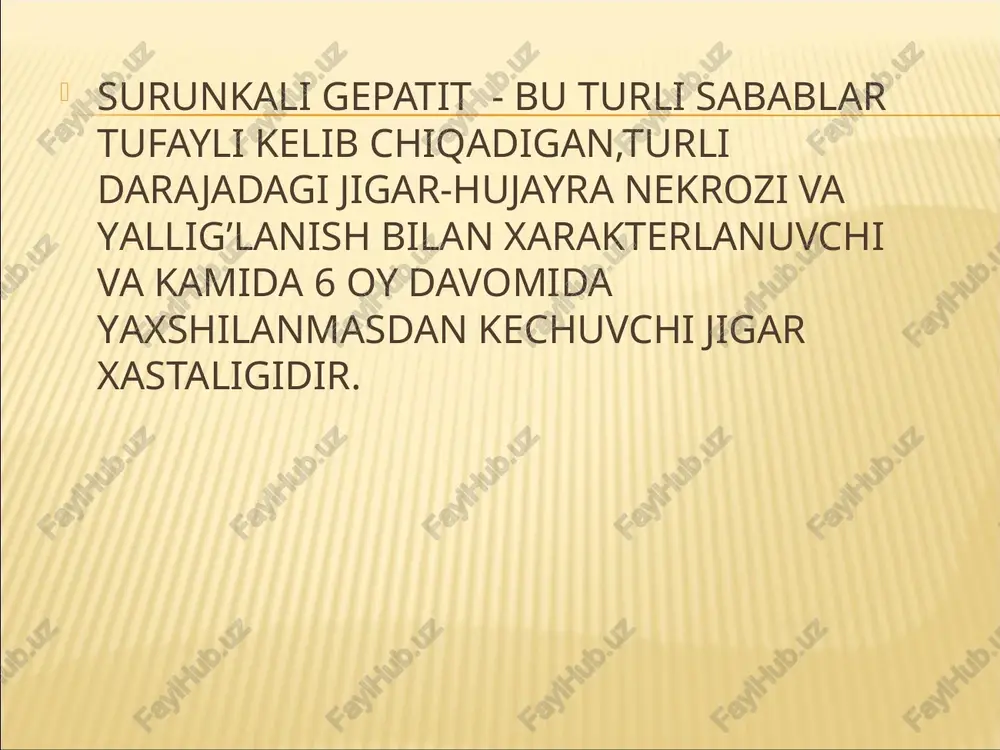 stsit, ensefalopatiya surunkali gepatitning «reaktiv turida» oqsil, vitamin yetishmovchiligi va disproteinemiya natijasida jigarda oraliq modda almashinuvi buziladi.xolestatik gepatit patogenezi asosida birlamchi o’t ajralishining tutilishi, o’t dimlanishi yotadi etiologiyasi bo’yicha *viruslar a, b, c, d, ye *alkogol' *toksik moddalar *ovqat hazm qilish organlari kasalliklari *turli dorilar– tuberkulezga qarshi preparatlar, antibiotiklarni uzoq qo’llaganda persistirlovchi gepatit-minimal faollikdagi gepatit faol gepatit autoimmun (lyupoid) gepatit xolestatik gepatit qo’zish remissiya anamnezi klinik ko’rinishi laborator-instrumental tekshiruvlar (echtning oshishi, leyko- va trombotsitopeniya, gipergammaglobulinemiya, alt va astning, bilirubinning oshishi, disproteinemiya) jigar bioptatini gistologik tekshirish natijalari o’tkir gepatit birlamchi biliar sirroz uilson-konovalov kasalligi birlamchi sklerozlovchi xolangit qo’zish davrida gospitalizatsiya qilish 5-dieta stoli – qovurilgan, o’tkir oziqlarni kiritmaslik spazmalitiklar – noshpa, platifillin gepatoprotektorlar – essensiale, karsil, vitaminlar profilaktikasi - virusli o’tkir gepatitning oldini olish, alkogol iste'moliga chek qo’yish, o’tkir gepatitni sifatli davolash, turmushda va ishlab chiqarishda zaharlanishga barham berish. oqibati - kasallikning bosqichiga, protsess faolligining gistologik belgilariga, nekrozning tipiga bog’liq. butunlay …