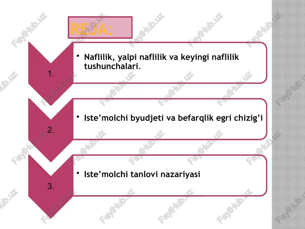 aymoqlar soni so’nggi qo’shilgan naflilik (mu) yalpi naflilik (tu) 0 1 2 3 4 5 6 7 - 10 8 6 4 2 0 -2 0 10 18 24 28 30 30 28 obrazets teksta vtoroy uroven tretiy uroven chetvertiy uroven pyatiy uroven kishining umumiy nafliligi ma’lum iste’mol xajmigacha o‘sib boradi, keyin esa manfiy so‘nggi qo‘shilgan naflilik hisobiga kamayib boradi. sunggi qo‘shilgan naflilik esa har doim tushib boradi. bu so‘nggi qo‘shilgan naflilikning tushib borish qonuni deb ataladi. umumiy va so’nggi qo’shilgan naflilik egri chiziqlari befarqlik egri chizig’i x2 3 a b 2 0 x1 1 2 befarqlik egri chizig’i ehtiyojlarni bir xil darajada qondirilishini ta’minlovchi iste’mol to‘plamlari yig‘indisini namoyon etadi agar iste’molchining a va b tovarlarning barcha to‘plamlari bo‘yicha afzal ko‘rishlarini egri chiziqlar orqali tasvirlansa, befarqlik kartasi hosil bo‘ladi. har bir befarqlik egri chizig‘i kishi har biriga bir xilda qaraydigan tovarlar to‘plamini ifodalaydi befarqlik egri chizig’i 10 11 befarqlik kartasi. …