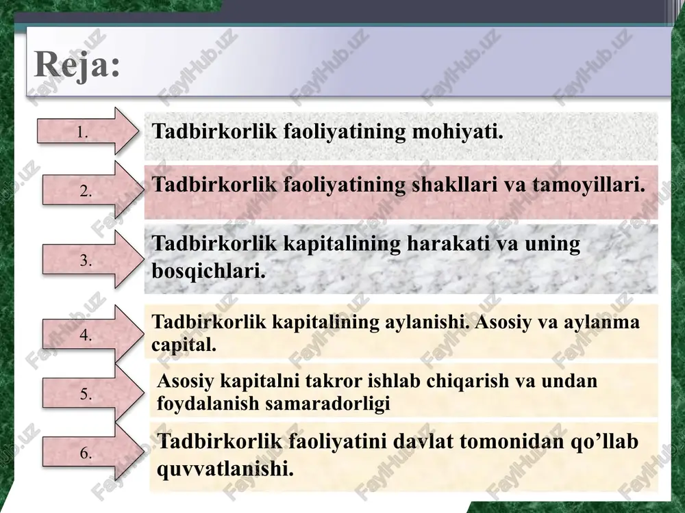 y mas’uliyat ostida, mavjud qonunlar doirasida, daromad (foyda) olish maqsadida, tahlika bilan amalga oshiriladigan iqtisodiy faoliyatdir 5 6 6 tadbirkorlik faoliyatining rivojlanish shart-sharoitlari: tadbirkor faoliyati uchun ma’lum huquq va erkinliklar mavjud bo‘lishi lozim; tadbirkor mulkchilik xuquqiga ega bo‘lishi (mol-mulkni va foydani tasarruf qilishda) zarur; erkin iqtisodiy faoliyatni amalga oshirishni ta’minlaydigan iqtisodiy muhit va ijtimoiy-siyosiy shart-sharoitlar yetarlicha bo‘lishi kerak; mulkchilik va xo‘jalik yuritishning xilma-xil shakllari va turlari taqozo qilinadi. davlat tadbirkorligi bu davlat mulkchiligiga asoslangan korxonalarni va mulkida davlat ulushi yuqori salmoqni tashkil qiladigan korporatsiyalarni o‘z ichiga oladi. 7 . tadbirkorlik faoliyati nihoyat darajada xilma-xil bo‘lib, iqtisodiy fanda va xo‘jalik amaliyotida uning quyidagi asosiy turlari e’tirof etiladi tadbirkorlik faoliyatining asosiy turlari va biznesning tashkiliy-huquqiy shakllari xususiy tadbirkorlik -mulk va ishlab chiqarish natijalari xususiy shaxslarga tegishli bo‘ladi, ishlab chiqarish jarayoni yollanma mehnatga asoslanadi. 8 tadbirkorlikni aralash shakli hissadorlik jamiyatlari va ma’suliyati cheklangan jamiyatlar yoki qo‘shma korxonalar (milliy va chet el kapitali ishtirokidagi) …