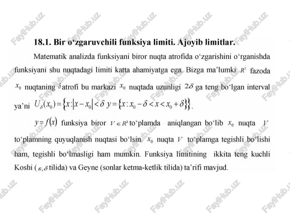 tengsizlik bajarilsa, u holda f(r) funksiya x, nugtada cheksiz limitga ega deyiladi agar ixtiyoriy ¢>0 son uchun shunday 6>0 sonni ko‘rsatish mumkin bo'lsaki, unda x,-8 x,da cheksiz 8 coe *0 kichik (funksiya) miqdor deb ataladi. agar lima(x)=0 bo‘lsa, u holda a(x) funksiyax—»x,da cheksiz kichik (funksiya) miqdor deb ataladi. agar lim f(x)=4: bo'lsa, f(x) funksiyax > x, da cheksiz kata miqdor(funksiya) deb ataladi. v to‘plamda %,€v quyuqlanish nuqtasiga yaqinlashuvchi barcha {x,} (, €v) @1=1,23...) sonli ketma-ketliklarni qaraymiz. agar har bir {x,} ketma-ketlikka mos {/(x,)} sonli ketma-ketlik /(t,) songa intilsa, u holda f(x) funksiya x, nuqtada uzluksiz deyiladi. y= f(x) funksiyax, €v nugtada uzluksiz deyiladi agarda ixtiyoriy ¢>0 son uchun biror 5>0 (é ga bog'liq) soni topilib, |r-x,| 0 son topiladiki xeu,(x,) 0 (f(x,) 0 atrofi = u,(x,)topiladiki, barcha x€u,(x,)ov nugtalar uchun f(x)>0(f(x) 0 son uchun shunday bira(c)>osoni topilsib, barcha mes,(,)ov nugtalar —uchun|f(/)-4| 0 son uchun 4s, nuqtaning shunday 5>0 atrofini -u,(m,) …