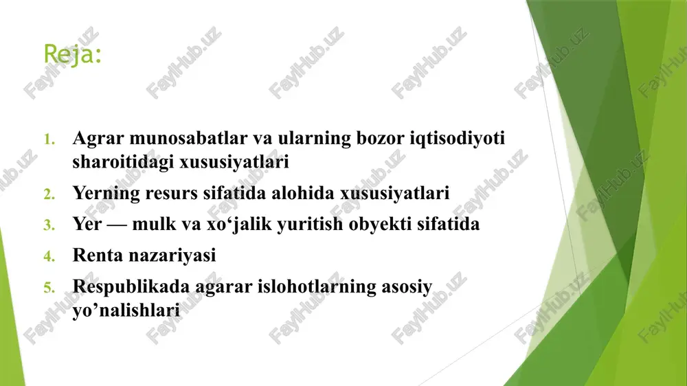 kli. agrar munosabatlar va ularning bozor iqtisodiyoti sharoitidagi xususiyatlari bozor iqtisodiyoti sharoitida agrar munosabatlar yerga bo‘lgan turli mulkchilikning shakllanishi, yerning tadbirkorlik obyekti bo‘lganidan garovga qo‘yilishi, yer uchun pul shaklida rentaning turli ko‘rinishlarda undirilishi hamda uning agrobiznesning maxsus faoliyat turiga aylanishi kabi shart-sharoitlar bozor iqtisodiyotida agrar munosabatlarning o‘ziga xos mazmun-mohiyatga ega ekanligini bildiradi. yerning resurs sifatida alohida xususiyatlari qishloq xo‘jaligi uchun yer asosiy va hal qiluvchi ishlab chiqarish vositasi bo‘lganligi sababli, birinchidan, insonni iqtisodiy faoliyat ko‘rsatishiga va ikkinchidan esa, tabiat rivojlanishi qonun va qonuniyatlariga, tabiiy-biologik shart-sharoitlar, ya’ni iqlim sharoiti, ob-havo holatiga, tuproqning tabiiy xossalariga, shuningdek, o‘simliklarda yuz beradigan biologik o‘zgarishlarga bog‘liq bo‘ladi. yer mamlakatning asosiy resursi bo‘lib, uni hech bir narsa bilan tenglashtirish yoki almashtirish mumkin emas, yerning resurs sifatida alohida xususiyati shundaki, u cheklangan va uning hajmi o‘zgarmas hisoblanadi. yerning resurs sifatida alohida xususiyatlari yer o‘ta noyob, qimmatli asosiy resurs, uning o‘rnini bosa oladigan boshqa resurs hali paydo bo‘lmagan. lekin …