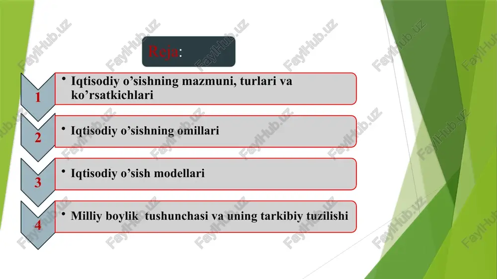 liy daromad)ning o‘sish sur’ati iqtisodiy o`sish turlari vaqt bo’yicha yoki davrli iqtisodiy o’sish hududlar darajasida iqtisodiy o’sish tarmoqlar va sohalar bo’yicha iqtisodiy o’sish takror ishlab chiqarish bosqichlari bo’yicha iqtisodiy o’sish innovatsion iqtisodiy o’sish ustivor ekstensiv, ustivor intensiv iqtisodiy o’sish 1-bosqich.1991-1995 yillar (pasayish yillari) 2-bosqich.1996-2003 yillar (barqarorlashtirish yillari) 3-bosqich. 2004-2008 yillar (yuqori o'sish sur'atlari ta'minlangan yillar) foizda o'zgarishi 2004y. 2005y. 2006y. 2007y. 2008y. 107.4 107 107.5 109.5 109 3-bosqich. 2009-2015 yillar (yuqori o'sish sur'atlari ta'minlangan yillar) foizda o'zgarishi 2009y. 2010y. 2011y. 2012y. 2014 y. 2015y. 108.1 108.5 108.3 108.2 108.1 108 milliy iqtisodiyot tarkibining o'zgarish prognozlari 2015 y. 2030 y. yalpi ichki mahsulot 100 2 barobar sanoatning yalpi ichki mahsulotdagi ulushi 33,5 40,0 qishloq xo'jaligining yalpi ichki mahsulotdagi ulushi 16,6 8-10 yalpi ichki mahsulot uchun sarflanadigan energiya hajmi 2 barobar qisqartirish 11 2030 yilga qadar mahsulot turlari va miqdorini ko'paytirish prognozlari mahsulot turi marta neft-gaz-kimyo sohasi mahsulotlari 3,2 rangli metall mahsulotlari …