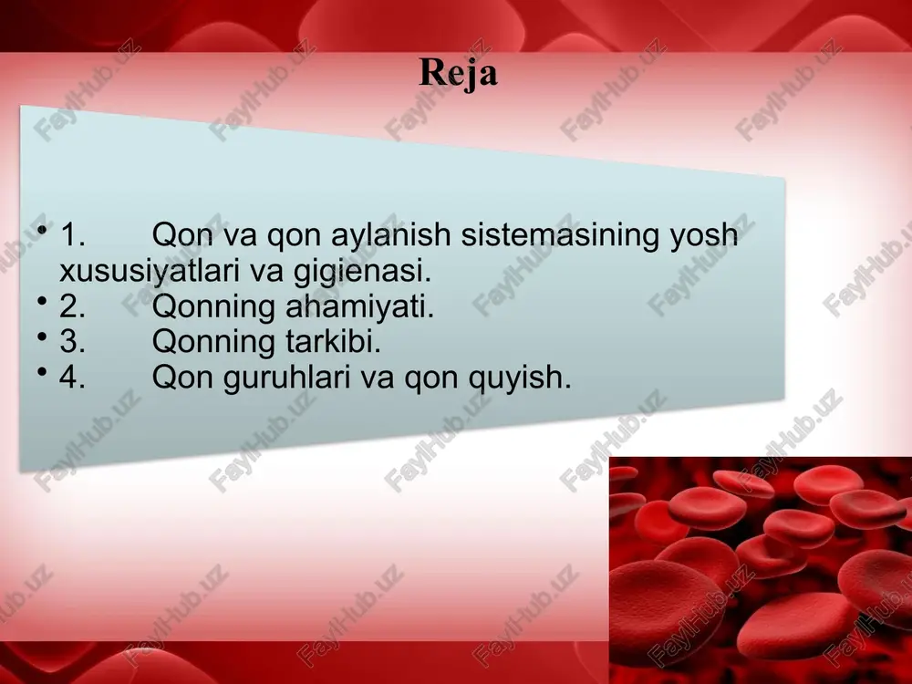 da muhim rol o‘ynaydi. trombotsitlar suyak ko‘migida mayda plastinka shaklida ishlab chiqarnib qonga o‘tadi. qon ivishi qonda erigan fibrinogen oqsilining erimaydigan fibrin ipchalari hosil bo‘lishidir. fibrinogen faol trombin fermenti ta’sirida fibringa aylanadi. qonda passiv protrombin bo'lib, u trombokinaza fermenti va kalsiy tuzi ta’sirida faol trombinga aylanadi. i faza: protrombin +ca+trombokinaza = trombin; ii faza: fibrinogen + trombin = fibrin. qonni ivishi qon guruhlari va qon quyish qonning 4 guruhi farq qilinadi. i guruhda - qizil qon tanachalarida agglyutinogen bo'lmaydi, shuning uchun bu guruh 0 deb nomlanadi. bu guruh plazmasida ikkita tabiiy agglyutinin a, ß bo‘ladi. ii guruhda - eritrotsitlarda agglyutinogen a, plazmada esa agglyutinin ß bo‘ladi. iii guruhda - eritrotsitlarda agglyutinogen b, plazmada agglyutinin a bo‘ladi. iv guruhda - eritrotsitlarda a va b agglyutinogenlar bo‘lib, qon plazmasida agglyutininlar bo‘lmaydi. rezus faktor. 1941-yilda nemis olimi landteyner tomonidan macacus phesis degan maymun qonida topilgan. kishilardan 86% ining qonida rezus-factor borligi, 14% ida …