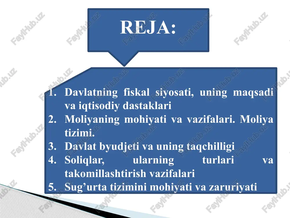 ng barcha sub’ektlari o’rtasidagi munosabatlarni o’z ichiga oladi. bular: davlat bilan turli mulkchilikka asoslangan korxonalar o’rtasidagi moliyaviy munosabatlar davlat bilan ijtimoiy, jamoat va xayriya tashkilotlari o’rtasidagi moliyaviy munosabatlar. davlat bilan aholining turli qatlamlari o’rtasidagi moliyaviy munosabatlar korxonalar bilan uning xodimlari o’rtasidagi moliyaviy munosabatlar korxonalar bilan korxonalar o’rtasidagi moliyaviy munosabatlar 9 9 moliyaning asosiy belgilari pul va unga tenglashtirilgan moliyaviy aktivlar shaklida ifodalanadi ekvivalent ayirboshlashsiz va qaytarilishsiz taqsimlanadi yamm (yaim, milliy daromad)ni omilli daromadlar va maxsus fondlarga taqsimlaydi hamda qayta taqsimlaydi 10 10 moliyaviy ta’minlash . 1. bunda moliya takror ishlab chiqarishni iqtisodiy jarayonlarni va tadbirlarni moliyaviy resurslar bilan ta’minlaydi taqsimlash 2. bu vazifasi orqali moliya milliy daromadning bir qismini soliqlar, renta, boj to’lovlari, aktsizlar va boshqa yig’inlar shaklida birlamchi taqsimlaydi hamda ijtimoiy-madaniy ehtiyojlar, daromadlar darajasini ushlab turish, mudofaa, boshqarish, atrof-muhitni muhofaza qilish maqsadlari uchun qayta taqsimlaydi. rag’batlantirish nazorat qilish ijtimoiy himoya 3. bunda moliya iqtisodiy faollikni soliq imtiyozlari, subsidiya, dotatsiya …