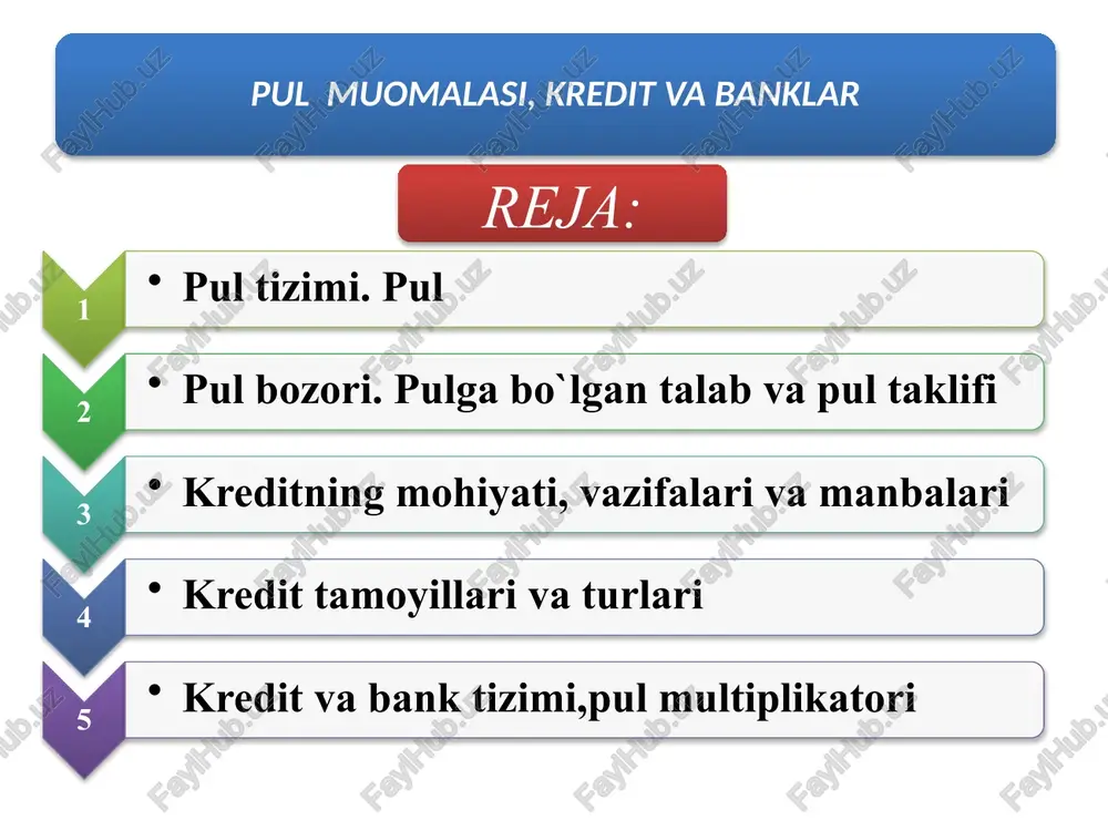 zning respublikamizda umumiy pul miqdori quyidagi (tarkib)lar asosida hisoblanadi: m0 – muomaladagi naqd (qog'oz va metall) pullar. m1 m0 + aholining joriy hisob varaqlaridagi pul qoldiqlari, korxonalarning hisob varaqlaridagi pul mablag'lari, banklardagi talab qilib olish mumkin bo'lgan pul omonatlari. m2 m1 + tijorat banklaridagi muddatli omonatlar va jamg'arma hisob varaqlaridagi pullar, ixtisoslashtirilgan moliyaviy muassasalardagi depozitlar va boshqa aktivlar. m3 m2 + bank sertifikatlari + aniq maqsadli zayom obligatsiyalari + davlat zayom obligatsiyalari + xazina majburiyatlari. o’zbekistonning oltin-valyuta zahirasi (mln.aqsh dollari) milliy valyutadagi pul massasi tarkibida muomaladagi naqd pullar miqdorining (m0) 1,6 foizga (394 mlrd. so’mga) kamayganligi hamda jismoniy shaxslar jami depozitlarining 7,4 foizga (961 mlrd. so’mga) oshganligi ijobiy holat hisoblanadi. pul bozori turlari likvidlik –bu turli aktivlarning o`z qiymatini yo`qotmasdan ( ya'ni eng kam xarajatlar asosida) tezlik bilan naqd pulga aylana olish qobiliyatidir. naqd pullar rivojlangan bozor iqtisodiyoti mamlakatlarida umumiy pul massasining 9-10 foizini, bozor iqtisodiyotiga o`tayotgan mustaqil hamdo`stlik davlatlarida …