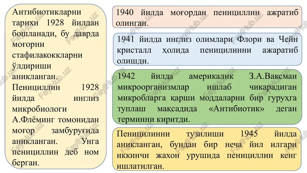 ak, difteriya, qorin tifi tayoqchasiga) bu guruxga streptomitsin, tetratsiklin, neomitsin, kanamitsin kiradi. zamburug'larga qarshi antibiotiklar. bularga nistatin, antimitsin va boshqalar kiradi. mikroorganizmlarga va o'sma xujayralariga ta'sir etuvchi antibi-otiklar aktinomitsinlar, sarkomitsinlar. farmatsevtik kimyoda antibiotiklar kimyoviy tuzilishi bo'yicha klassifikatsiyalanadi. bu usul ularni chinligini aniqlash, ta'sirini kimyoviy tuzilishiga bog'likligini o'rganishga axamiyatlidir. 1.alitsiklik tuzilishdagi antibiotiklar (tetratsiklinlar) 2.aromatik qator antibiotiklar (levomitsitin) 3.getrotsiklik tuzilishdagi antibiotiklar (penitsillinlar, tsefalosporinlar) 4.aminoglikozid antibioti-klar-streptomitsin,kanamitsin. antibiotiklarni olinishi antibiotiklarni olinishi 3 ga bo'linadi. mog'or zamburug'i yoki nurli zamburug'lar asosida antibiotiklarni mikrobiologik sintez yordamida olish. bu chidamsiz birikmalar poroshokda steril holda chikariladi. mikrobiologik va kimyoviy sintezni birga qo'shish ya'ni tabiiy antibiotiklarni kimyoviy o'zgartirish, yarim sintetik antibiotiklarni olishda ishlatiladi. sintetik antibiotiklar organik birikmalardan kimyoviy sintez yordamida olinadi. antibiotiklarni biosintez usulida olish murakkab jarayon bo'lib 2 bosqichga bo'linadi: fermentatsiya jarayoni (mikroorganizmlarning hayot faoliyatida ro'y beradigan bijg'ish (achish) jarayoni). fermentatsiya jarayoni tugagach mikroorganizm o'stirilgan suyuqlikdan antibiotikni ajratib olish va tozalash. organik birikmalardan kimyoviy sintez yo'li bilan olish …