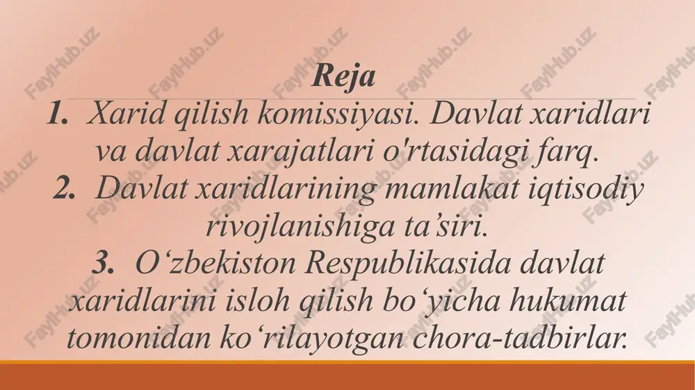 n markazlashtirilgan boshqaruvni oshirishga, xarajatlarning nazoratsiz o‘sishiga yo‘l qo‘ymaslikka, davlat byudjeti xarajatlarini qisqartirishga, bozor munosabatlariga mos kelgan holda moddiy oqimlarni boshqarishga qaratilgan turli funksiyalarni bajarishini nazarda tutadi. davlat xaridlari davlat buyurtmasi asosida amalga oshiriladi, bu esa o‘z navbatida davlat ehtiyojlaridan kelib chiqib shakllanadi. davlat buyurtmachilari byudjet mijozlari korporativ mijozlar byudjet mijozlari davlat organlari va muassasalari byudjet tashkilotlari davlat maqsadli jamg'armalari korporativ mijozlar davlat korxonalari ustav kapitalida davlat ulushi 50 foiz va undan ortiq miqdorda bo‘lgan yuridik shaxslar o‘zbekiston respublikasi prezidentining 31.05.2022 yildagi (pf-145) “iste’mol bozorlarida narxlar barqarorligini ta’minlash va monopoliyaga qarshi chora-tadbirlar samaradorligini oshirishga doir qo‘shimcha chora-tadbirlar to‘g‘risida”gi farmoni e’lon qilindi. endilikda davlat buyurtmachilari import qilinadigan oziq-ovqat mahsulotlarini, jumladan go‘sht, baliq, sut mahsulotlari, sariyog‘, pishloq, tuxum, choy, don, o‘simlik yog‘i, margarin, shakar, shokolad, bolalar ovqatlari, makaron, qandolat (vafli, pechenye va boshqalar)ni xarid qilishlari mumkin bo‘ladi. ), sabzavot konservalari, ichimliklar va boshqa mahsulotlar. 2021 yil yanvar oyi oxirida hukumat 520 dan …