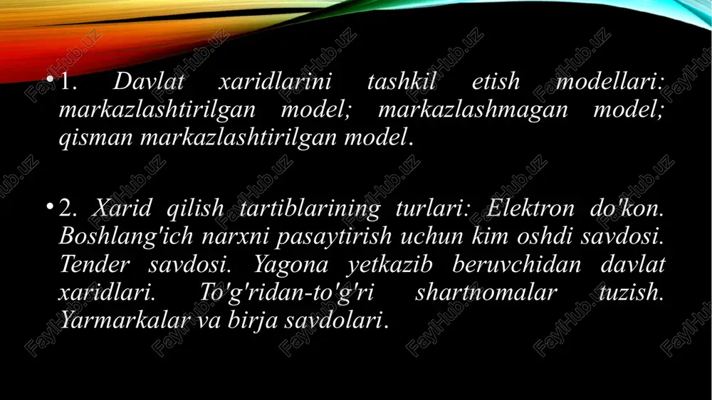 ar yo'qligi xarid qilish jarayonida yetkazib beruvchining ustunlik qilish imkoniyati markazlashtirilmagan model ham tashkilotlar uchun eng samarali hisoblanadi xarid xarajatlari shunchalik arzimas bo‘ladi; bo‘linmalarga byudjet mablag‘larini sarflash bo‘yicha katta vakolatlar berilgan; mahalliy miqyosda zarur professional kadrlar mavjudligi; arzon narxlardagi oddiy xaridlarni amalga oshirish aralash model resurslardan samarali foydalanish qonunchilik va kasbiy standartlarga rioya etilishini nazorat qilish tashkilotdagi afzalliklardan, bilim va tajribadan foydalanish xodimlarning malakasini markaziy va hududiy boshqarmalar o‘rtasida oshirish kamchiliklari qaysi xaridlar markazlashtirilgan va qaysi birlik darajasida amalga oshirilishi kerakligi haqida aniqlik yo'qligi. ishlash standartlariga rioya etilishini nazorat qilishda qiyinchiliklar. bo‘linmalarda kadrlarning yo‘qligi yoki kasbiy malakasining pastligi. faoliyatni muvofiqlashtirish, boshqaruvni ta’minlash uchun tegishli tizimlar zarurligi funksiyalari markazlashtirilgan model bo'yicha xaridlar bo'limining funksiyalari rejalashtirish xarid qilish taqsimlash boshqalar markazlashtirilmagan modeldagi xaridlar bo'limining funksiyalari xaridlar faoliyatini qo‘llab-quvvatlash va muvofiqlashtirish yo‘riqnomalar chiqarish, idoralararo me’yoriy hujjatlarni ishlab chiqish bozor monitoringi bo'limlarda xaridlarni tekshirish aralash modeldagi xaridlar bo'limining funksiyalari rejalashtirish xaridlar taqsimlash xarid qilish …