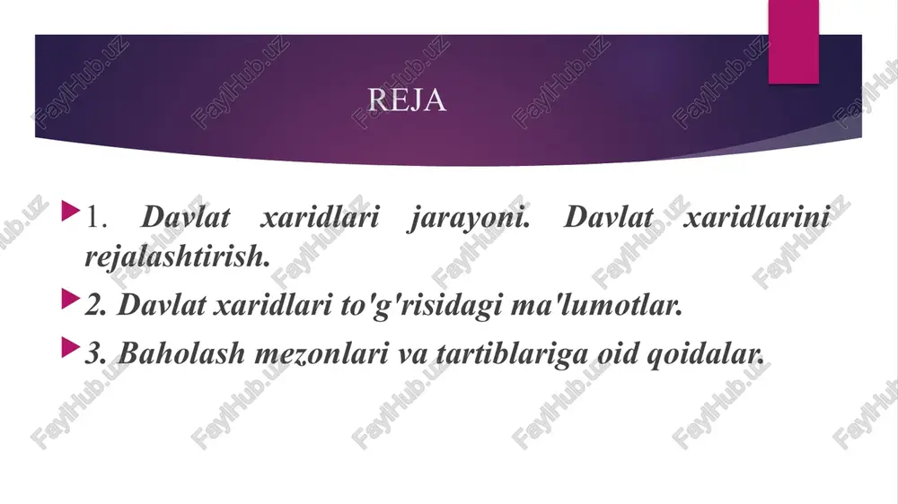 rporativ buyurtmachilar tomonidan joriy yilning 25 dekabriga qadar maxsus axborot portalida joylashtiriladi shablon 1. xaridlarni shakllantirish uchun ariza - talab qilinadigan tovarlar (ishlar, xizmatlar) nomi - ushbu tovarlar (ishlar, xizmatlar) foydalanish uchun zarur bo'lgan oy - tovarlarni (ishlarni, xizmatlarni) sotib olishni moliyalashtirish manbalari - indikativ byudjetning hajmi (sotib olish usulini aniqlash va kerakli vaqtni hisoblash kerak) - tovarlarni (ishlarni, xizmatlarni) yetkazib berish joyi (manzili), muddatlari va shartlari - tovarlarni (ishlarni, xizmatlarni) yetkazib berishda kechikishning jiddiyligi. shablon 2. aniq sanalar bilan kalendar - tanlov yoki tender hujjatlarini shakllantirish - loyihalar va import kontraktlarini kompleks ekspertiza qilish markazida tender yoki tender hujjatlarini tasdiqlash; - sotib olish to'g'risida e'lon - texnik va tijorat takliflari solingan konvertlarni ochish - ishtirokchilarning takliflarini ko'rib chiqish - baholashni umumlashtirish davomi - shartnoma imzolash - oldindan to'lov - ishning boshlanishi (xizmat ko'rsatish, tovarlarni yetkazib berish) - shartnomani bajarish - tovarlarni (ishlarni, xizmatlarni) oraliq va yakuniy yetkazib berish. - …