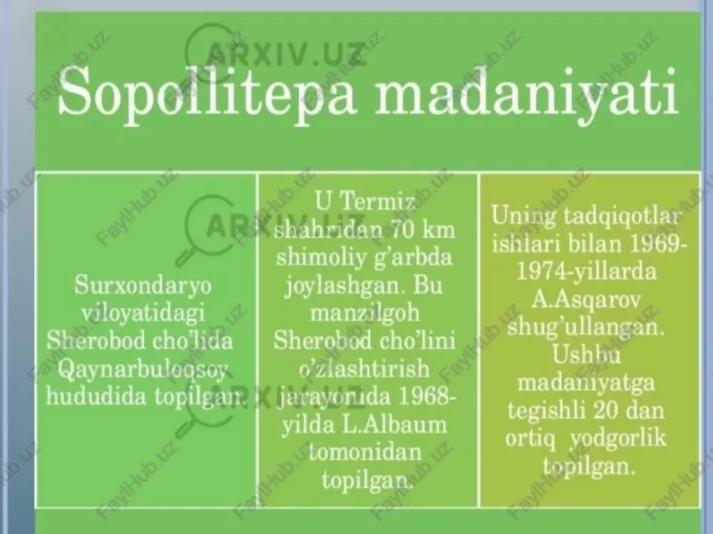 ochila yodgorlikning umumiy maydoni 4 ga ni tashkil qiladi, shimoliy, sharqiy va janubi-sharqy qismlari atrofidagi yerlarning o'zlashtirilishi natijasida vayron etilgan. sopollitepa hududidagi arxeologik qazish ishlari bir necha tanaflus va to’xtalishlar bilan 1970-, 1974-yillarda davom ettiriladi. madaniy qatlamlar yodgorlikning turli qismlarida aniqlanganligini ko’ramiz, shuning uchun ham eng asosiy qazishma _ishlari mudofaa devorlarining atroflarida olib borilgan. ko'pgina statsionar arxeologik qazish ishlari davomida mudofaa devoir va uning atrofida joylashgan uylar, xo'jalik xonalari ko'rinishlari, poydevorlari qanday holatda turganligi ma’lum bo'ldi. yodgorlikka aholining ko'chib borishi va qurilish ishlarinin olib borishi ‘asosan bronza davriga to’g’ri keladi. sopollitepaning yugori qatlamlari shamollar tasirida yemirilgan va buzilib ketgan. ikkinchi qurilish garizontidan devorlarning bir necha qavatli g'ishtlardan qolgan qoldiqlari galin madaniy gatlam ustida qal’a bo’ylab sochilib ketgan. boshga bir uchastkalaridan esa faqatgina keramika qoldiglari va turli hayvonlarning suyak goldiglari topilgan. bino va devorlarning qoldiglari turli darajada saqianib qalgan, madaniy qatlamlarning qplinligi esa 2,5 m gacha vuj gorizonti mavjudligi aniqlangan. iga …