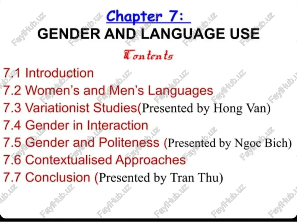 lesbian and gay studies * more narrowly defired sociclinguistics a chapter 7: gender and language use * 7.2 women’s and men’s languages .-language may have a direct relationship with gender, but language forms (for instance with status and power) generally have a range of associations which may in turn be related to gender. ee ee; chapter 7: gender and language use 7.2 women’s and men’s languages - a related point: research on gender and language use has traditionally been concerned with differences between female and male speakers, but also with issues of power and dominance. there has sometimes been a tension between ‘difference’ and ‘dominance’ positions in research. ll a a a chapter 7: gender and language use * 7.2 women’s and men’s languages - terms such as ‘women’s language’ and ‘men’s language’ imply homogeneity among women and men; more recently, however, researchers have emphasised diversity between women, and between …