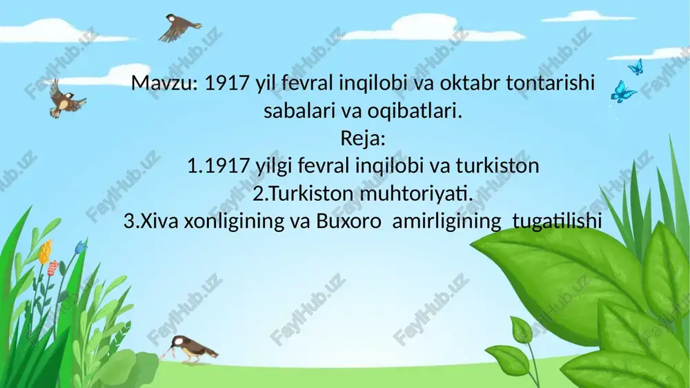 lishi kerak deb hisoblar edilar. syezd rezolyutsiyasida ham hududiy muxtoriyat yoqlab chiqildi. etiboringiz uchun raxmat. image28.png image14.png image29.png image30.png image13.png image26.png image31.png image32.png image36.png image15.png image17.png image19.png image37.png image38.png image39.png image40.png image41.png image42.png image1.jpg image2.png image3.png ey ww 1917-yil iyul-oktabr voqealari muvaqgqat hukumatning mag’ lubiyati ™ rossiya bolsheviklari dohiysi v. lenin shveysariyada muhojirlikda yashar, rossiyadagi inqilo ham gazetalar orga’ uni o'z mamlakati va finlyan jo'natishga rozilik berdi. 1917. v.lenin petrogradg mavjud tuzumni «s' dasturini ilgari surd yo'li bilan yangi ho vositasida cheklanmagan huquqlarga ega bo'lgan i xabar to a lya orgali -yl a yetib kel i. lenin tomonidan diktaturasini qaror toptirish edi. amalda partiyasining mutla esa barcha korxona: q hukmronligini o'r. ar, zavod va fabrikal biy voqea gan edi. germaniya hukumati atishni, i o'tkazish, shuningd lek, yerlarni mulkdor ar xususida petrogradga ining 3-aprel kuni kechqurun rossiyaga kelgan zahoti u otsialistik ingilob» yo'li bilan ag'darish o'yilgan vazifa ingilob imiyat o'rnatish va …