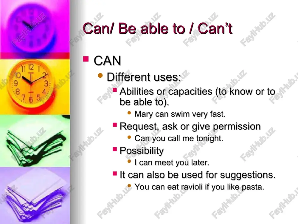 es lack of oblication and necessity, like don’t have to you needn’t bring anything to the party. musn’t / don’t have to musn’t shows prohibition. you musn’t exceed the speed limit don’t have to means not have to, i.e., lack of obligation and necessity, like needn’t i don’t have to get up early tomorrow should /ought to both of them express advise or opinion, but should is used more frequently, since ought to is quite strange in negative and interrogative. you should/ought to improve your pronunciation shall it is used in the interrogative to offer oneself to do something and to make a suggestion. shall i help you with your luggage? ability request possibility inability can mary can swim very fast can you call me tonight? i can meet you later be able to i was able to finish my homework on time can't i can't eat a whole cake …