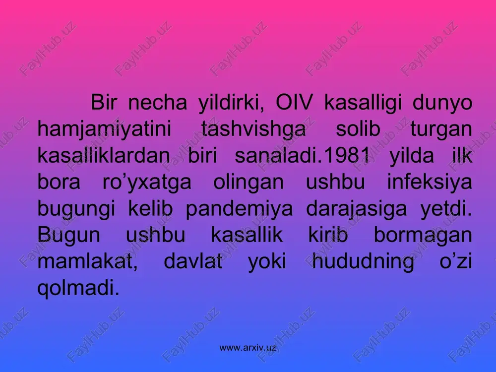 lish bo’yicha nazorat markaziga besh nafar fuqaro g’ayrioddiy kasallik bilan og’rigani haqida ilk ma’lumot kelib tushdi. 1982 yil, sentyabr – matbuotda ilk bor oits atamasi paydo bo’ldi, unga ta’rif berildi va aqsh hamda g’arbiy yevropada uning ustidan rasmiy kuzatuv olib borila boshlandi. www.arxiv.uz www.arxiv.uz 1982-1983 yillarda oitsning qonni qayta quyish va giyohvand moddalarni qon tomiri orqali kiritish bilan bog’liqligi aniqlandi. 1985 yil- oiv/oitsning asosiy o’tish yo’llari aniqlandi. 1985 yil- mdh davlatlari hududida oits bilan og’rigan ilk bemor qayd etildi. 1985 yilda oits bilan kurashish uchun birinchi dori– azitotimidinning (azt) birinchi sinovlari boshlandi. mazkur dori kasallikni butunlay tuzatmasa ham, kasallik rivojlanishini sekinlashtiradi. 1987 yil- butunjahon sog’liqni saqlash tashkilotining oits bo’yicha global dasturi ishlab chiqildi. www.arxiv.uz www.arxiv.uz 1988 yil- bmt tomonidan 1dekabr –xalqaro oits ga qarshi kurash kuni deb e’lon qilindi. 1989 yilda aholini va barcha donorlik qonlarini ommaviy majburiy ko’rikdan o’tkazilganligiga qaramasdan, elista va rossiyaning janubidagi boshqa shaharlarda deyarli 250 bolaga …