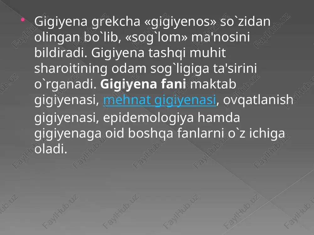 abiiy gigiyenik eksperiment usulida bola uchun tabiiy yashash sharoitida (dars soatlari, jismoniy mashqlar, sport va oddiy o'yinlar va h.k) organizm va tashqi muhit o'rtasidagi o'zaro bog'liqlik, tabiiy omillarning bola organizmiga ta'sirini kuzatib, shu yoshdagi bolalarga anatomo-fiziologik imqonichtlariga qarab tegishli normalar belgilanadi. gigiyenaning asosiy vazifasi bolaning har tomonlama barkamol bo'lib o'sishi va rivojlanishi, jismonan va ruhan yetuk bo'lishi, farovon hayot kechirishi uchun qulay sharoit yaratib berishdan iborat. gigiyena bir kishining shaxsiy ishi bo'libgina qolmay, davlat va jamoatchilik ishi ham ekanligini yoddan chiqarmaslik kerak. davlat tomonidan yaratib berilgan qulayliklar, sharoit hali insonlar uchun, ularning sog'ligi uchun sharoit yaratib berdi degani ham emas. agar davlat maktabga shinam, qulay maktab binosini qurib bersa, uni o'quvchilar uchun mos o'quv jihozlari bilan ta'minlasa hali bu yetarli bo'lmaydi. o'quvchi o'ziga qaramasa, xonani, o'tirgan joyini iflos qilib ketaversa bu uning sog'ligi uchun to'g'ri kelmay qolishi mumkin. shu sababdan shaxsiy gigiyena ham alohida ahamiyatga ega. yoshlikdan boshlab, to umrining …