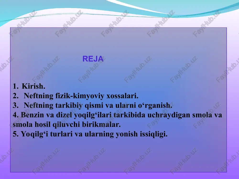 an barcha yonilg‘ilar turli qaynash temperaturasiga ega bo‘lgan uglevodorodlarning murakkab aralashmasidir. masalan, benzin 35-200°c da qaynaydi, dizel yonilg‘isi esa, 170-360°c temperaturada qaynaydi. qishki sort yonilg‘i va benzinlar yengil fraksion tarkibga ega va ular past temperaturada bug‘lanishlari lozim. yonilg‘i sifati ko‘rsatiladigan pasportlarda bug‘lanuvchanlik fraksion tarkib bilan baholanadi. fraksion tarkib quyidagicha aniqlanadn. maxsus priborda 100 ml yonilg‘i qizdiriladi. ajralib chiqayotgan bug‘lar sovitiladi, natijada u suyuqlikka aylanadi. bu suyuqlik o‘lchov silindriga yig‘iladi. haydash vaqtida avval benzinning qaynay boshlash temperaturasi, so‘ngra 10, 50, 90% benzinning qaynab bug‘lanish temperatusasi hamda, qaynab bug‘lanish oxiridagi temperaturasi yozib qo‘yiladi (dizel yonilg‘isi uchun faqat 50 va 97 % qaynash nuqtalari yozib qo‘yiladi). bu ma’lumotlar, odatda, standartlarda va sifat pasportlarida keltiriladi. bazi yonilg‘ilarning haydash egri chizig‘i rasmda ko‘rsatilgan. yonilg‘ida osongina bug‘lanadigan fraksiyalarning juda ko‘p bo‘lishi maqsadga muvofiq emas. bu holda dizel dvigatellarida yonilg‘i kuchli yonadi, karbyuratorli dvigatellarning yonilg‘i naychalarida bug‘lar tiqilib qoladi, buning natijasida dvigatel meyorda ishlamaydi (o‘ta qizib ketadi, …