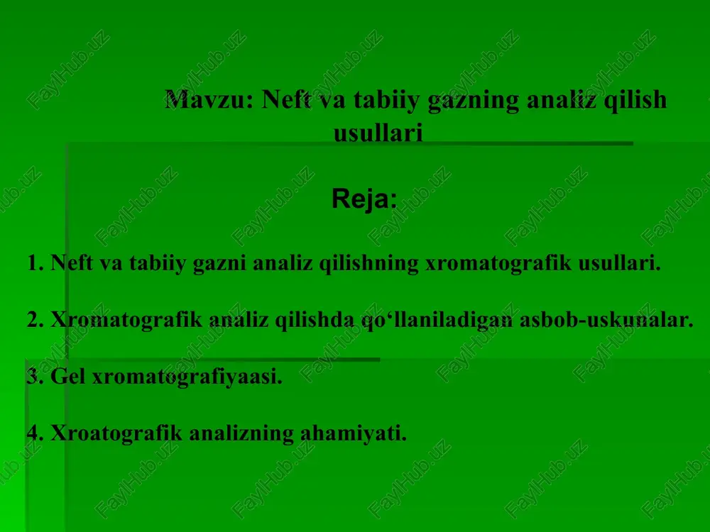 tta bo‘ladi. bu usulda xromogografik kolonka sifatida diametri od-0,5 mm va uzunligi bir necha o‘nlab metr bo‘lgan kapilyarlardan foydalaniladi. bunda kapilyarlar qattiq tashuvchi vazifasini bajaradi. ularning ichki devorlari qo‘zgalmas suyuq yoki qattiq faza pardasi bilan qoplangan bo‘ladi. kapilyarlar uzunliginint kattaligi va diametrining kichikligi aralashmalarning tarkibiy qismlarga yaxshi ajratilishini, xromatografiyaalashni katta tezlikda olib borishni va gaz xromatografiyaasining juda sezgir bo‘lishini ta’minlaydi. kapillyar xromatografiyaaning asosiy qiyinchiliklari katta uzunlikdagi ingichka kapilyarlarni tayyorlash, ularning devorlarida suyuq yoki qattiq fazanint yupqa qatlamini hosil qilish va namuna komponentlarining mikro miqdorlarini detektorlashdan iborat. kapilyarlar misdan, alyuminiydan, shishadan, zanglamaydigan po‘latdan, plasstmassalardan yasaladi. kimyoviy moddalar ta’siriga barqarorligi, tozaligi va tayyorlash osonligi tufayli shishadan tayyorlangan kapillyar kalonkalar amalda ko‘p ishlatiladi. zaruriy uzunlikda tayyorlangan kapillyar baraban yoki kassetaga o‘ralib, ichki yuzasiga qo‘zg‘almas suyuq faza qoplanadi va gaz xromatografiyaaning termoshkafiga joylashtirilib, asbobning gaz zanjiriga ulanadi. kapillyar kolonka devorining ichki yuzasiga qoplash uchun dastlab suyuq faza tanlanadi, u devorni yaxshi ho‘llaydigan va aralashmaning …