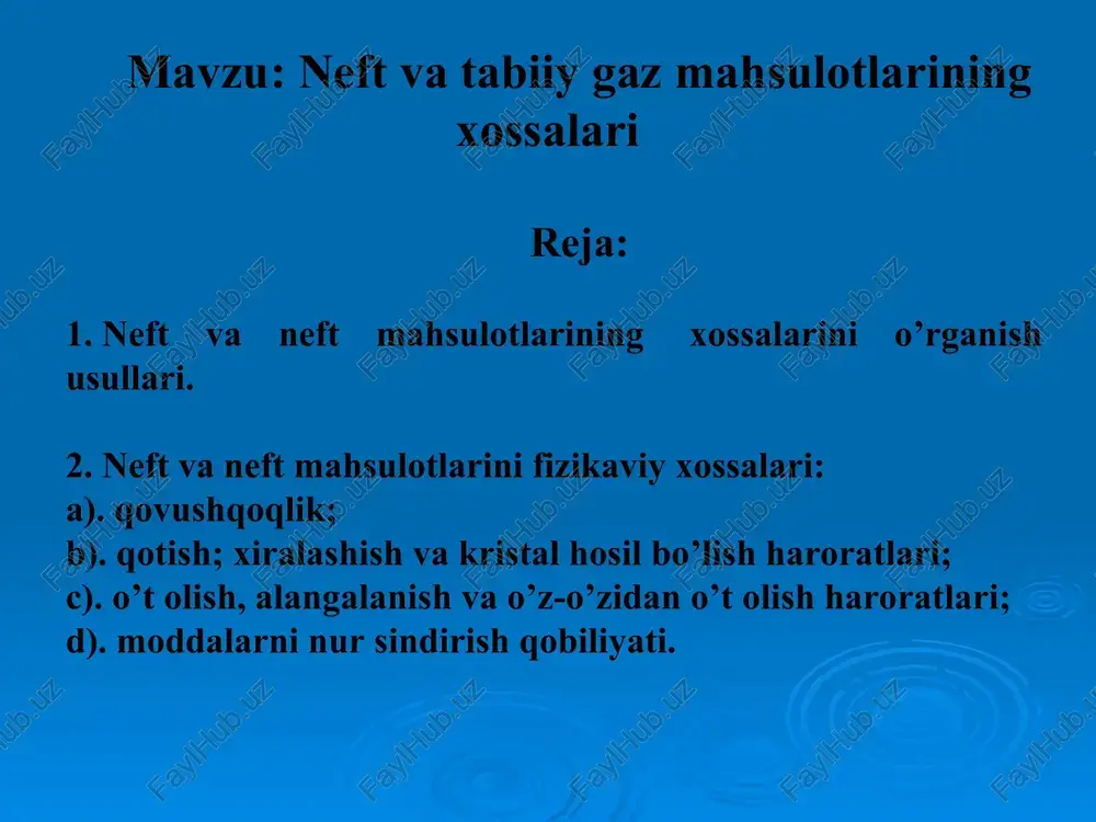 49, 0,779 va 0,879. * qovushqoqlik — suyuqlik (gaz)ning bir qismini ikkinchi qismiga nisbatan harakat qilayotgan vaqtda hosil bo’ladigan qarshilikdir. qovushqoqlik uch xil bo’ladi: dinamik, kinematik va shartli qovushqoqlik. dinamik qovushqoqlikni xalqaro miqiyosda birligi deb bir sekunddagi paskal (pa/s) qabul qilingan. bu suyuklikning 1 m2 ga teng ikki qatlamini bir biriga nisbatan 1 m/s tezlikda quyilgan 1n kuch ta’sirida 1 m ga surilganida sodir bo’lgan qarshilikka tengdir. dinamik qovushqoqlikka teskari birlik moddaning oquvchanligi deyiladi. kinematik qovushqoqlik — dinamik qovushqoqlikni aniqlayotgan haroratdagi moddaning zichligiga nisbatiga aytamiz, birligi m2/s. qovushqoqlikni ifodalayotgan vaqtda kinematik qovushqoqlik birligi keng ishlatiladi. neftni qayta ishlash tarmog’ida asosan shartli qovushqoqlik birligi ishlatiladi. shartli qovushqoqlik — ma’lum hajmdagi suv va neft mahsulotini oqib tushish vaqtlarini nisbatan yoki bo’lmasa neft mahsulotini standart idishdan oqib tushish vaqti qabul qilingan. mamlakatimizda 200 sm3 suvni 20°c haroratda oqib tushish vaqtini shu miqdordagi neft mahsulotini oqib tushish faktiga taqqoslash bilan belgilanadi. sanoatda qovushqoqlikni 50 …