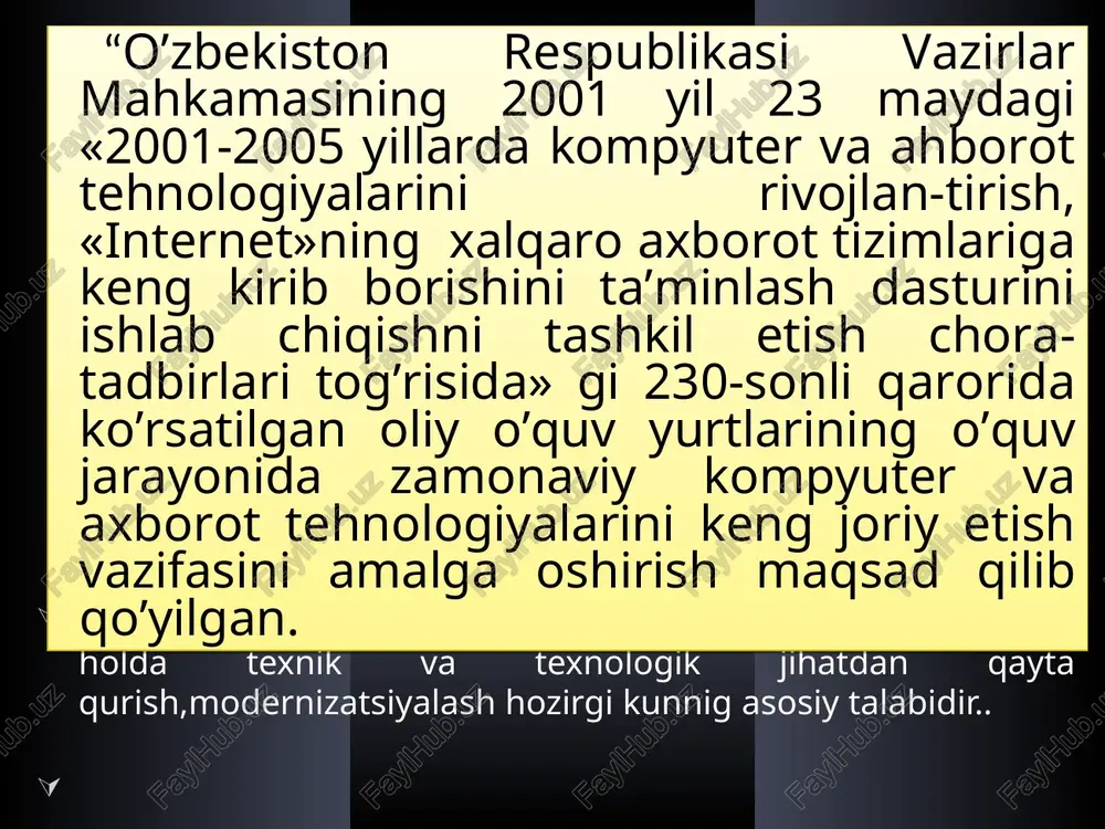 ivojlanish istiqbollari kiritiladi. bu vazifani organik kimyo darslarida “uglevodorodlarning tabiiy manbalari va ularni qayta ishlash” mavzularini o’rganish jarayonida yoritishga doir mahalliy va qo’shimcha ma’lumotlar mazmunini tavsiya qilamiz. * ishning amaliy ahamiyati akademik litseyning organik kimyo darslarida talabalarga qo’shimcha ma’lumotlardan foydalanish maqsadida ma’ruza jarayonlari olib borildi va ma’ruza davomida talabalarning bilim, ko’nikma va malakalari mustahkamlandi. akademik litseyning organik kimyo darslarida qo’shimcha ma’lumotlardan unumli foydalanilgan holda talabalarning ko’nikma va malakalarini shakllantirish, hamda yuqori dars samaradorligiga erishish imkoniyatilari yaratildi. respublikamizda mavjud bo’lgan uglevodorodlar va ularning tabiiy manbalarini ishlab chiqarish ko’rsatkichlari, shuningdek xomashyo zahiralari bo’yicha statistik ma’lumotlar olindi. * ishning yangiligi berilgan qo’shimcha ma’lumotlar orqali talabalarning bilim,ko’nikma va malakalari shakllantirildi; organik kimyoni o’qitishda qo’shimcha ma’lumotlardan foydalanish borasida zamonaviy informatsion texnologiyalar qo’llanildi; o’zbekistonda neft va gaz sanoati istiqbollari mavzusida ochiq ma’ruza o’tkazilib, dars samaradorligiga erishish imkoniyatilari yaratildi. talabalarga respublikamizda mavjud bo’lgan neft va gaz ishlab chiqaradigan – korxonlar faoliyati bilan yaqindan tanishtirildi; “uglevodorodlarning tabiiy manbalari …