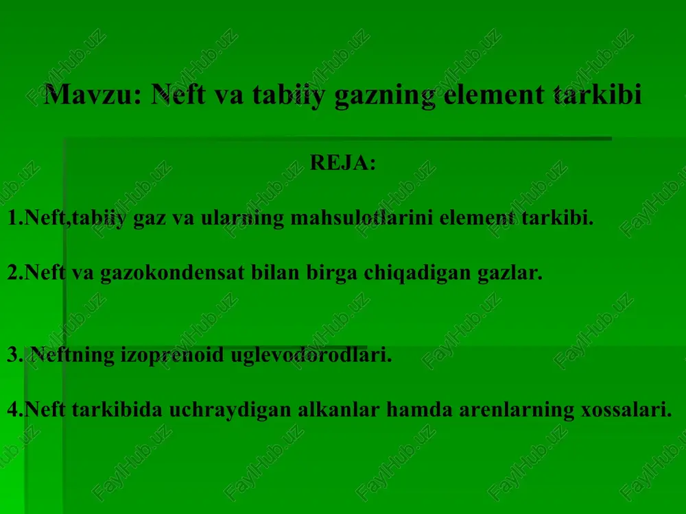 ft qazib olganda bosim kamayganligi sababli, neftning tarkibidan gaz ajralib chiqadi. bu gazlar asosan yog’li (og’ir) gaz bu’lib, tarkibi propan, bo’tandan iborat. gazokondensat konlaridan chiqayotgan gazlar u’zlari bilan gazkondensatni birga olib chiqdilar. yer yuziga chiqqanda bosim kamayganligi sababli gaz qismi osonlik bilan suyuq qismidan ajratiladi. gazokondensat gazlarining asosiy qismini metan tashkil etadi. suyuq qismi esa 2—5%, ba’zan undan ham ortiqroq, bu’lib, ular u’zlarining tarkibi buyicha benzin, kerosin, dizel va undan yuqoriroq fraktsiyalarni tashkil etadilar. * halqali alkanlar neftdagi 25 — 75% mass. bo’ladi. neftni hamma fraktsiyalarida uchraydi. faqat eng yuqori fraktsiyalarda aromatik utlevodorodlar ko’p bo’lganligi uchun, nisbatan ularni miqdori kamayadi. baku va emba rayonlaridagi neftlar halqali alkanlarga boydir. halqali alkanlarning besh va olti burchakliklari nisbatan chidamlidirlar. yuqori haroratda qaynovchi fraktsiyalarda ikki halqali alkanlar, yoki bu’lmasa biri alkan ikkinchisi aromatik halqali uglevodorodlar uchraydi. neftlarni tarkibida aromatik uglevodorodlar (arenlar) ham bor. ularning miqdori parafinlarga va halqali alkanlarga nisbatan kamroqdir. ularning miqdori neftni …