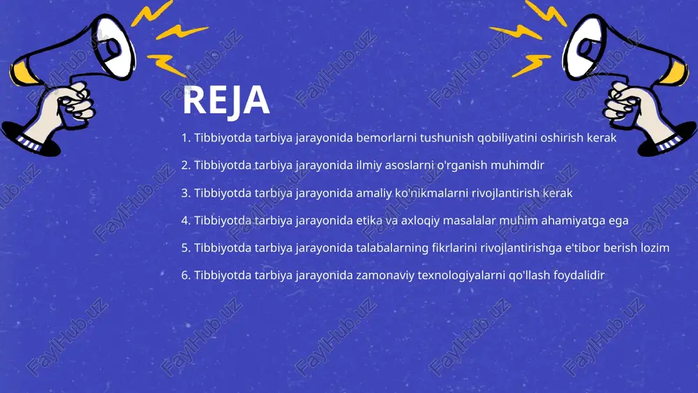 , ularni doimiy o'qishga undaydi. 4 tibbiyotda tarbiya jarayonida amaliy ko'nikmalarni rivojlantirish kerak amaliy ko'nikmalarning ahamiyati - amaliy ko'nikmalar tibbiyotda nazariy bilimlarni amalda qo'llash uchun zarurdir. ular shifokorlar va boshqa tibbiyot xodimlari uchun muhim tajriba taqdim etadi. mintaqaviy muammolarni hal etish - amaliy ko'nikmalarni rivojlantirish, mintaqaviy tibbiy muammolarni hal etishda shifokorlarga yordam beradi va jamiyatning sog'liqni saqlash darajasini oshiradi. yangi texnologiyalarni o'zlashtirish - amaliy ko'nikmalar tibbiyotdagi yangi texnologiyalarni o'zlashtirishga imkon berib, yangiliklarga moslashish qobiliyatini oshiradi. tajribani baham ko'rish - amaliy ko'nikmalarni rivojlantirish, mutaxassislar o'rtasida tajribalarni baham ko'rish imkoniyatini yaratadi va ularning professional rivojlanishiga ijobiy ta'sir ko'rsatadi. 5 tibbiyotda tarbiya jarayonida etika va axloqiy masalalar muhim ahamiyatga ega tibbiyotda etika - tibbiyotda etika, shifokorlar va bemorlar o'rtasidagi munosabatlarni tartibga soluvchi asosiy printsiplarni o'z ichiga oladi bu printsiplar bemorlarning huquqlarini himoya qilish uchun zarur axloqiy masalalar - axloqiy masalalar tibbiy amaliyotda qarorlar qabul qilishda o'z o'rnini egallaydi bu masalalar shifokorlarning kasbiy faoliyatini …