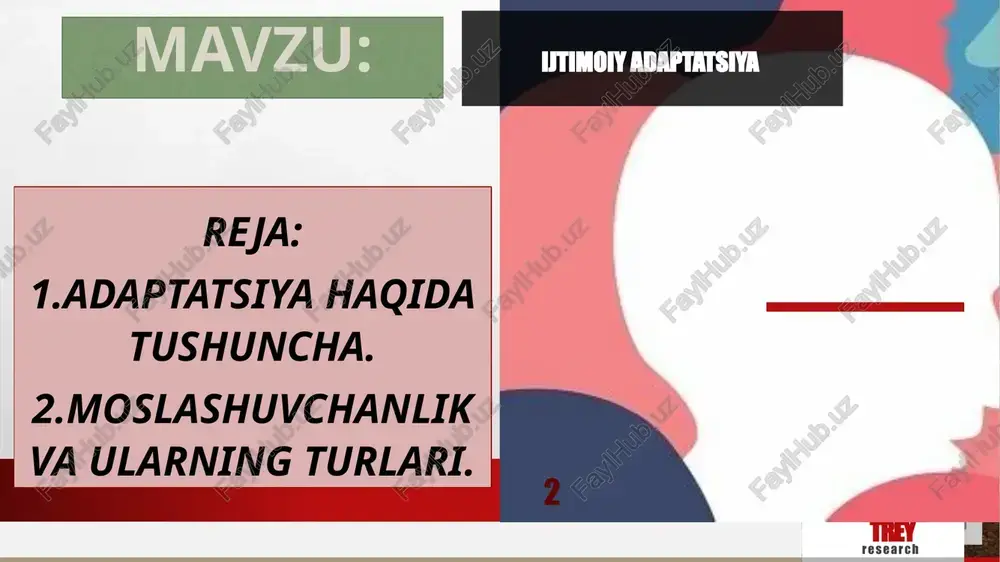 ari asarlarida qo'llaniladigan, xulq-atvori bo'lmagan moslashuv ta'rifi katta e'tirofga sazovor bo'ldi. ular moslashtirishni ikki xil ta'riflaydi: a) bir tomondan shaxsning ehtiyojlari, boshqa tomondan esa atrof -muhit talablari to'liq qondiriladigan holat. bu shaxs bilan tabiiy yoki ijtimoiy muhit o'rtasidagi uyg'unlik holati; b) bu ​​uyg'un holatga erishish jarayoni. trey research dobavit nijniy kolontitul 9 moslashuv mexanizmlari insonning biologik moslashuvi. ijtimoiy moslashuv. etnik moslashish psixologik moslashish. insonning biologik moslashuvi. ijtimoiy moslashuv. etnik moslashish psixologik moslashish. trey research insonning biologik moslashuvi insonning biologik moslashuvi. insonni uning atrof-muhit sharoitlariga moslashishi evolyutsiyadan kelib chiqadi. bunday moslashuvning o'ziga xos xususiyatlari ichki organlar yoki organizmni butunlay paydo bo'lgan muhit sharoitlariga o'zgartirishdir. ushbu kontseptsiya sog'liqni saqlash va kasallik uchun mezonlarni ishlab chiqish uchun asos bo'lib xizmat qildi - bu borada sog'liqni saqlash - bu tananing atrof-muhitga maksimal darajada moslashtiriladigan shartidir. agar moslashish qobiliyati kamaytirilsa va moslashish davri kechiksa, bu kasallik. agar tanani moslashtira olmasa, u noqonuniy hisoblanadi. 10 trey …