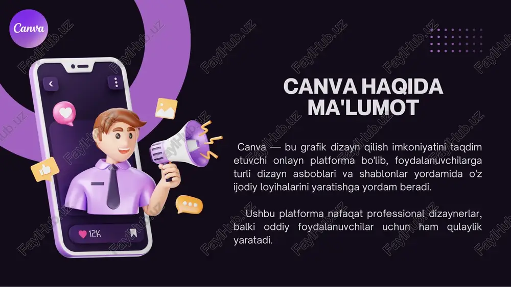 ver" funksiyasidan foydalaning. rasmi qo‘ying, ustiga bosing va "fonni o‘chirish" tugmasini bosib qo‘ying – fon yo‘qoladi! (bu faqat canva pro versiyasida ishlaydi.) matnlaringizni oddiy qoldirmang! "animate" tugmasini bosib, siljiydigan, sakraydigan yoki asta paydo bo‘ladigan matnlar yarating. dizayningizda ishlatilgan barcha ranglarni bir marta bosish orqali o‘zgartirishingiz mumkin. "styles" bo‘limiga kirib, kerakli rang palitrasini tanlang – hamma joy avtomatik yangilanadi. matnga jonlantirilgan effektlar berish rasmdagi fonni bitta tugma bilan o'chirish ranglarni bitta tugma bilan o'zgartirish rasmdagi matnlarni yozib o‘tirmasdan canva avtomatik aniqlab bera oladi. "text to image" funksiyasi orqali rasmdagi so‘zlarni nusxalash mumkin. sayt, instagram sahifa yoki wi-fi parolingizni rasm ichiga kiritmoqchimisiz? "qr code generator" funksiyasi yordamida bir necha soniyada qr-kod yaratib dizayningizga qo‘shishingiz mumkin. rasmdagi matnni avtomatik tanib olish qr-kod yaratish canva faqat rasmlar yaratish uchun emas! u orqali pdf fayllarni ochib, ichidagi matn yoki rasmlarni o‘zgartirish mumkin. agar taqdimot yoki katalog tayyorlayotgan bo‘lsangiz, har bir sahifani alohida saqlashingiz shart emas. …
