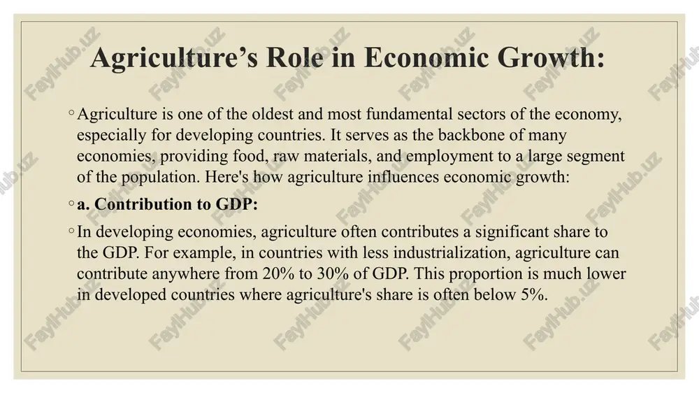 verty and enhancing economic development. the impact of economic growth on agriculture: economic growth can also have a reciprocal effect on agriculture. here’s how economic growth benefits the agricultural sector: investment in technology and innovation: economic growth can increase investments in agricultural technology, innovation, and research. improved seeds, advanced irrigation techniques, and modern machinery can boost productivity in agriculture, leading to higher crop yields and better resilience against climate change. infrastructure development: economic growth allows for greater investment in rural infrastructure, such as better roads, storage facilities, and transportation networks. this enables farmers to access markets more efficiently, reduce post-harvest losses, and expand their reach to national and international markets. challenges facing agriculture in economic growth: climate change: agricultural productivity is highly sensitive to climate conditions. climate change, with unpredictable weather patterns, droughts, floods, and rising temperatures, can negatively impact crop yields and livestock production, hindering growth and development. land …
