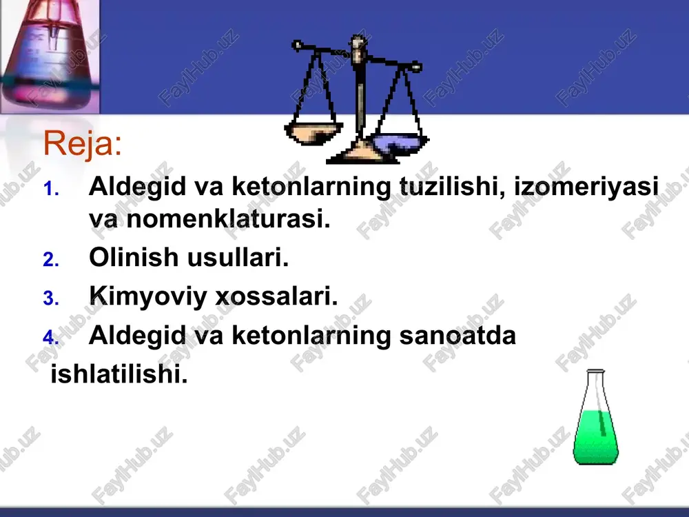 oh oksidlanish reaksiyalari o // // ch3 – c + ag2o  ch3 – c + 2 ag \ \ h oh o o // // ch3 – c + 2 cu(oh)2  ch3 – c + cu2o + 2h2o \ ko’k \ qizil h oh * kimyoviy xossalari magniyorganik birikmalar bilan reaksiyasi grinyar reaktivi grinyar fransua ogyust viktor grinyar fransua ogyust viktor (6.v.1871–13.xii.1935) (fransiya) kimyodan nobel mukofoti, 1912 y. olinish usullari: spirtlarni oksidlab olish: propanol-2 propanon-2 atseton etanol etanal sirka kislota (etan kislota) olinishi spirtlarni oksidlab o cu,t // ch3 – ch2 – ch2 – oh  sh3 – ch2 - c -h2 \ cu,t propanal h sh3 – ch – ch3  ch3 – c – ch3 | | | oh o propanon- 2 (atseton) alkinlarni gidratlash (kucherov reaksiyasi) o // hc  ch + h2o ––hgso4 ch3–s \ h sh3 – c  ch + h2o ––hgso4 …