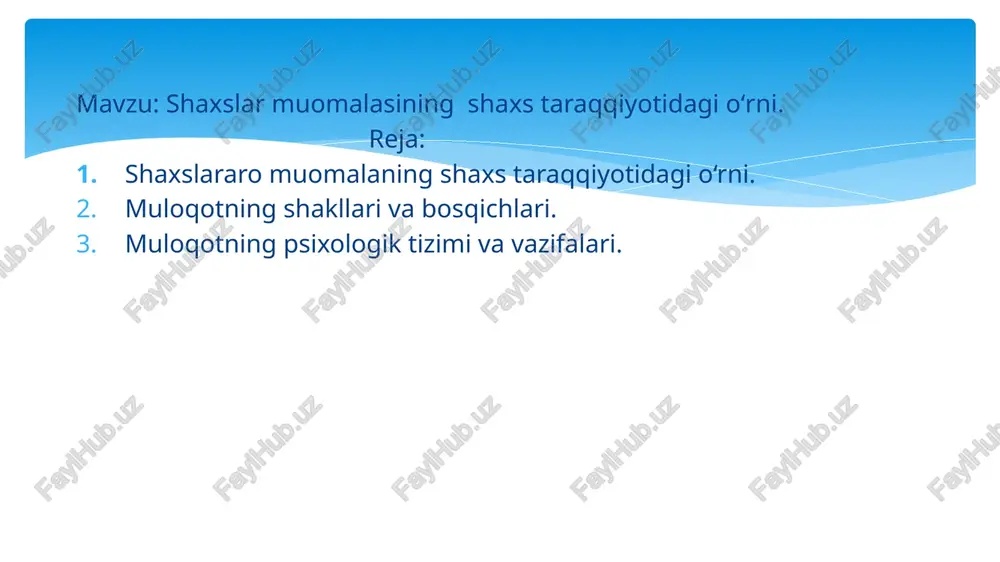 taqozosi bilan yolg‘izlikka mahkum etilgan odamlarning maqsadli faoliyatlar bilan o‘zlarini band etishlari u qadar katta salbiy o‘zgarishlarga olib kelmasligini ham olimlar o‘rganishgan. lekin baribir har qanday yolg‘izlik va muloqotning yetishmasligi odamda muvozanatsizlik, hissiyotga beriluvchanlik, hadiksirash, havotirlanish, o‘ziga ishonchsizlik, qayg‘u, tashvish hislarini keltirib chiqaradi. shunisi qiziqki, yolg‘izlikka mahkum bo‘lganlar ma’lum vaqt o‘tgach ovoz chiqarib gapira boshlasharkan. bu avval biror ko‘rgan yoki his qilayotgan narsasi xususidagi gaplar bo‘lsa, keyinchalik nimagadir qarab gapiraverish ehtiyoji paydo bo‘lar ekan. masalan, mishel sifr degan olim ilmiy maqsadlarini amalga oshirish uchun 63 kun g‘or ichida yashagan ekan. uning keyinchalik yozishicha, bir necha kun o‘tgach, u turgan yerda bir o‘rgimchakni ushlab oladi va u bilan dialog boshlanadi. «biz, deb yozadi u, shu hayotsiz g‘or ichidagi tanho tirik mavjudotlar edik. men o‘rgimchak bilan gaplasha boshladim, uning taqdiri uchun qayg‘ura boshladim» muloqotning shakllari va bosqichlari. muloqot jarayoni o`ziga xos ravishda murakkab bo`lib, bunda uch xil bosqich mavjud. dastlabki bosqich — …