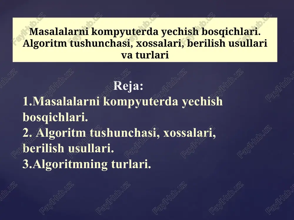 ing umumiy yechimidir. u algoritmning mashina buyruqlari ketma- ketligi shaklidagi yozuv-dir. buning uchun dasturlash tillari (besk, fortran, paskal, si, si++ va boshqalar) dan biri tanlanadi va unga mos dastur tuziladi. tuzilgan dasturni sifatli bo’lishi va uni mashina xotirasidan kam joyni egallashi muhim ahamiyatga ega. { dasturni kompyuter xotirasiga iritish, rostlash va tekshirish tuzilgan dastur kompyuter klaviaturasi orqali uning xotirasiga kiritiladi. kiritilgan dasturni rostlash va tekshirish amalga oshiriladi, ya’ni yo’l qo’yilgan xatoliklar tuzatiladi. { hisoblash natijalarini qayta ishlash va tahlil qilish. bu bosqichdan tuzilgan dastur bo’yicha hisoblash bajariladi va hosil bo’lgan natija kompyuterning displey ekraniga chiqariladi yoki chop etish qurilmasi orqali qog’ozga chop etiladi. natijalarni jadvallar, grafiklar yoki diagrammalar ko’rinishida hosil qilish mumkin. hosil bo’lgan natija esa foydalanuvchi tomonidan tahlil qilinadi. { algoritm tushunchasi, xossalari, berilish usullari. algoritmning turlari. algoritm – bu masalani yechish usullarini izohlashdir, yoki bosh-qacha qilib aytganda, kutilayotgan natijalarni shaxsiy kompyuter tomonidan olish uchun bajarilayotgan hisoblash jarayolarining ketma-ketliklaridir. …