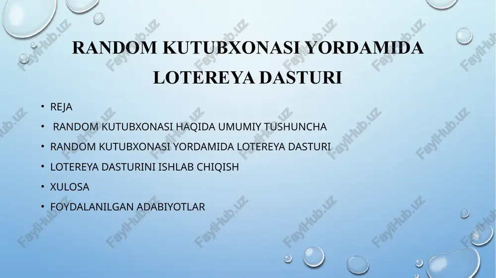 y dasturlashda tasodifiy sonlar bilan ishlash ko‘plab sohalarda muhim o‘rin egallaydi. ayniqsa, o‘yinlar, test generatorlari, simulyatsiyalar va lotereya kabi tizimlarda random kutubxonasi vositasida tasodifiylikni joriy etish asosiy mexanizmlardan biri hisoblanadi. shuning uchun, random kutubxonasi yordamida lotereya dasturini yaratish mavzusi nafaqat dasturlash ko‘nikmalarini chuqurlashtirish, balki real hayotdagi muammolarni algoritmik yondashuvlar orqali hal qilishni o‘rganish uchun ham dolzarb hisoblanadi. lotereya dasturlari hayotda keng qo‘llaniladi — masalan, aksiyalar, sovrinli o‘yinlar, foydalanuvchilar orasida g‘oliblarni aniqlash kabi jarayonlarda adolatli va shaffof tanlovlarni amalga oshirish uchun foydalaniladi. ushbu tizimda tasodifiylik printsipining to‘g‘ri ishlashi juda muhim bo‘lib, bu random kutubxonasining imkoniyatlarini chuqur o‘rganishni taqozo etadi. random kutubxonasi — bu python dasturlash tilida ishlatiladigan standart kutubxona bo’lib, tasodifiy sonlar, tasodifiy tanlovlar va tasodifiy tartiblash (shuffling) kabi funksiyalarni taqdim etadi. bu kutubxona statistik modellashtirish, o’yinlar yaratish, test ma’lumotlarini yaratish yoki shunchaki turli xil tasodifiy hodisalarni simulyatsiya qilishda keng qo’llaniladi. random kutubxonasi tasodifiy raqamlar va tasodifiy hodisalarni yaratish uchun ko’plab …