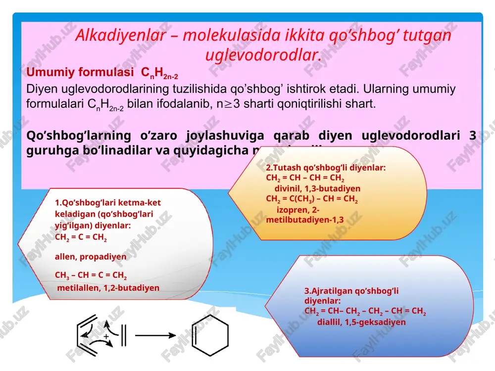 o3 ustidan o‘tkazilsa ham divinil olinadi. izoprenni olish uchun sanoatda izopentanni (2-metilbutan) degidrogenlanadi (izopentan pentanni izomerlab olinadi): ch3ch2ch2ch2ch3ch3ch(ch3)ch2ch3 ch3ch(ch3)ch2ch3ch2c(ch3)chch2  2h2 olinishi: asetilen formaldegid bilan kondensatlash reaksiyasiga uchratiladi. hosil bo`lgan birikma (1,4 – butindiol) avval gidrogenlanadi va so`ngra degidratlanadi. snsn + 2sn2o  no–sn2–ss–sn2–on 1,4 – butindiol no–sn2–ss-sn2–on + 2n2  no–sn2–sn2 –sn2–sn2–on 1,4 – butandiol no–sn2–sn2–sn2–sn2–on  sn2=sn–sn=sn2 + 2n2o fizikaviy xossalari. divinil oddiy sharoitda gaz, qaynash temperaturasi-450, suyuqlanish temperaturasi –108,90. izopren, dimetilbutadien, xloropren va boshqa dien uglevodorodlar normal sharoitda suyuqlik. dien uglevodorodlarda ham fizik xossalar to`yingan va to`yinmagan uglevodorodlarning gomologik qatoridagi kabi ma`lum tartibda o`zgaradi. izopren suyuqlik, qaynash temperaturasi 34,10, suyuqlanish temperaturasi esa -146,00. dimetilbutadien ham suyuqlik, qaynash temperaturasi 68,80, suyuqlanish temperaturasi – 760. kimyoviy xossalari. bularning tuzilishida ikkita qo’shbog’ bo’lganligi uchun ular birikish jarayonlariga etilen ugevodorodlariga qaraganda oson kirishadilar. turli molekulalar 1,2-uglerod atomlariga (bunda qo’shbog’lardan biri uzulmaydi) yoki 1,4-uglerod atomlariga (bunda qo’shbog’lardan biri o’rtaga siljiydi) birikishi mumkin. …