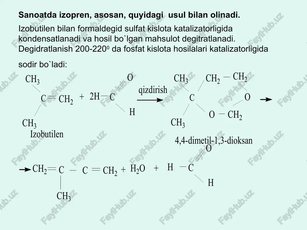 lanish. diyen uglevodorodlari ishqoriy metallar metalloorganik birikmalar ishtirokida polimerlanib yuqori molekulali birikmalar – kauchuk hosil qiladilar. polimerlanish ham 1,2-1,4 va 1,4-1,4-ko’rinishlarda borishi mumkin: tabiiy kauchuk tropik mamlakatlarda o`sadigan ba`zi darahtlarning sutsimon shirasidan olinadi. masalan, janubiy amerikada o`sadigan gveya, gvayulla daraxtlari va o`rta osiyoda o`sadigan ko’k sagiz, tog’ sagiz o’simliklar ana shunday daraxtlar jumlasiga kiradi. janubiy amerikaliklar gveya daraxtining shirasini «kaocho» - daraxtining «ko`z yoshi» deganlar, shu sababli kauchuk nomi saqlanib qolgan. sintetik kauchuklar. sintetik kauchuklarning kimyoviy tarkibi, tuzilishi, fizik-kimyoviy xossalari tabiiy kauchuknikidan tubdan farqlanishi mumkin. shuning uchun ham ba`zi sintetik kauchuklarning xossalari tabiiy kauchuknikidan afzaldir. masalan, kauchuk sintez qilinganda uni sovuqqa chidamli, gaz o`tkazmaydigan, benzin hamda yog` ta`siriga chidamli qilish mumkin. quyida ba`zi sintetik kauchuklar bilan qisqacha tanishib o`tiladi. natriybutadien kauchuk. birinchi marta akademik s.v. lebedev 1,3-butadienni polimerlanish reaksiyasiga uchratib sintetik kauchuk hosil qildi va u butadien sintetik kauchugi deb ataladi. keyingi yillarda butadiendan stereogulyar tuzilishga ega bo`lgan va sovuqqa …