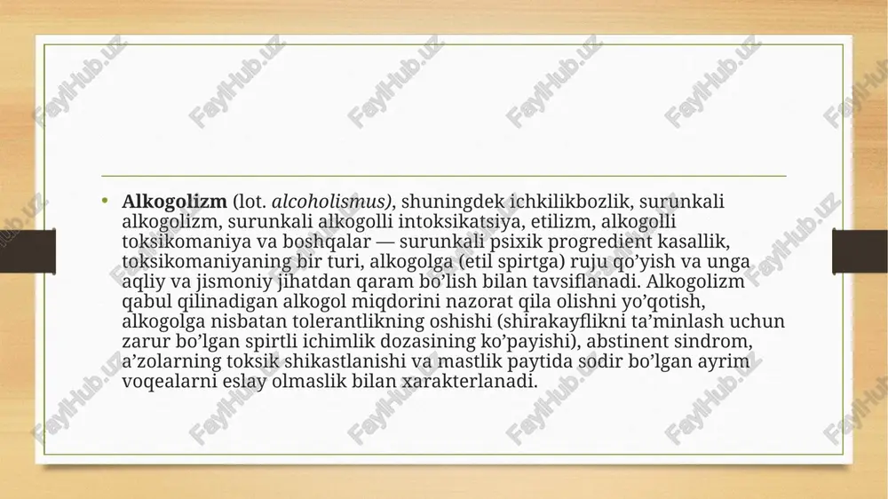 ta’sir qiluvchi komponenti — etanol — oshqozon-ichak trakti orqali tezda so’riladi, inson miyasiga kirib, asab hujayralari bilan aloqa qiladi. qonda etanolning konsentratsiyasi spirtli ichimliklar ichilgach 45-90 daqiqa o’tib maksimal darajaga yetadi. etanol organizmdan o’pka, buyraklar, sut va ter bezlari, najas bilan o’zgarmagan holda va asosan jigarda sodir bo’ladigan biotransformatsiya orqali chiqib ketadi. birinchi sutka davomida organizmdan spirtni chiqarib tashlash va parchalash davom etadi: sitozolda oksidlanishi: c2h5o + 2had → c2h4o + 2had°h — 70-80% etanolni metabolizatsiya qiluvchi va sog’lom odamlarda asosiy chiqib ketish yo’li. jigarning mikrosomal etanoloksidlovchi tizimi yordamida oksidlanish. nihoyat, to’qimalarning katalaza, oksidaza va peroksidazalari yordamida oksidlanish. sog’lom odamlarda u etanol metabolizmning 15 foizini tashkil etadi, alkogolizm bilan kasallangan bemorlarda uning miqdori oshadi. asetaldegidning yakuniy yo’li: aldegiddegidrogenaza yordamida asetatga aylanishi, so’ng asetil-koa ishtirokida uning ko’mir kislotasi va suvgacha oksidlanishi: c2h4o → asetat → co2 + h2o + energiya. sog’lom odamda oksidlanish darajasi muttasil va soatiga har bir inson vazni …