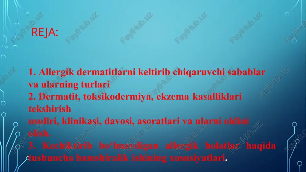 ohalar shakllanishi bilan o‘tadi. terining yallitlanshpiga sabab bulgan omilning turiga qarab tonshalarning turi va tabiati turlicha bo‘lishi mumkin. masalan, ovqat mahsulotlarining sensibilizatsiyasi natijasida shakllangan allergik dermatitlarda ko‘pincha pushti rangli eritemalar va pufakchalar paydo bo‘lsa, dorivor moddalardan paydo bo‘lgan allergik dermatitlarda esa yirikkirztk pufaklar va gemorragik dog’lar ko‘p kuzatiladi. umuman olganda allergik dermatitlarning ikki turi tafovut otiladi: kontakt allergik dermatitlar (kad) va toksik allergik dermatitlar (tad). kontakt allergnk dermatitlar allergenlarning teriga bevosita ta’sir etishi natijasida yuzaga chikadi. bunda terining sezuvchanligini oshiruvchi moddalar bevosita terining allergik yalliglanishiga olib keladi. toksik allergik dermatitlar allergenlarning bemor organnzmiga nafas olish va xazm yo‘llari orqali ta’siri natijasida, shunnngdek, turlituman kimyoviy moddalarni tomir ichiga va mushak orasiga yuborish oqibatida ntakllanadi. toirsik allergik dermatitlar toksidermiyalar deb ham ataladi. sabab tad da organizmga teridap boshka yo‘l cmlan kiritiladigan modda nafaqatsensibilizatsaya, balki intoksikatsiya (zaharlanish) ham keltirib chiqaradi. ma’lumki, sensibilizatsiya paydo qiladigan modda organizmga ikks va undan ortiq marta kiritilishi lozim. …
