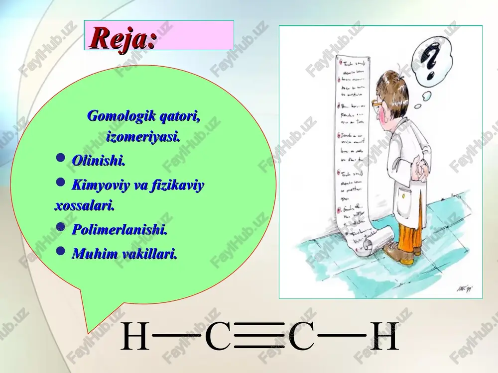 vich (1850 - 1911) suvning birikishi – gidratlash (kucherov reaksiyasi). vodorod sianidning birikishi. oddiy vinil efirlari hosil bo’ladi. vinil efirlari yana spirtlar bilan reaksiyaga kirishib, atsetallarni hosil qiladi. atsetilen qator spirtlarni hosil qiladi: bir valentli mis tuzlari bo’lgan eritma (pyulend katalizatori) yuqori haroratda polimerlanadi - mahsulot katalizatorga bog’liq. geterosiklik birikmalar – pirrol, piridin asoslari va boshqalarni hosil qiladi. polimerlanish reaksiyasi 1,3,5 - trimetilbenzol polimerlanish reaksiyasi oksidlanish reaksiyalari bir yilda 230 ming tonna atsetilen ishlab chiqariladi. uning hosilalari orasida vinilatsetilen katta ahamiyatga ega. u +50s da qaynaydigan gaz. atsetilenni metandan olishda qo’shimcha mahsulot sifatida hosil bo’ladi. vinilatsetilendan sanoatda xlorpren (2-xlorbutadiyen-1,3) olinadi. xlorpren yonmaydigan kauchuk va rezinalar olishda asosiy xom ashyo hisoblanadi. atsetilendan metallarni avtogen payvandlashda ham foydalaniladi. alkinlarning umumiy formulasini toping: a) cnh2n-2 b) cnh2n+2 s) cnh2n d) cnh2n-6 testlar: quyidagi reaksiya orqali qaysi mahsulot olinadi? c2h5 – c  c - c2h5 + h2o hg2+ a) aldegid v) ikki atomli …