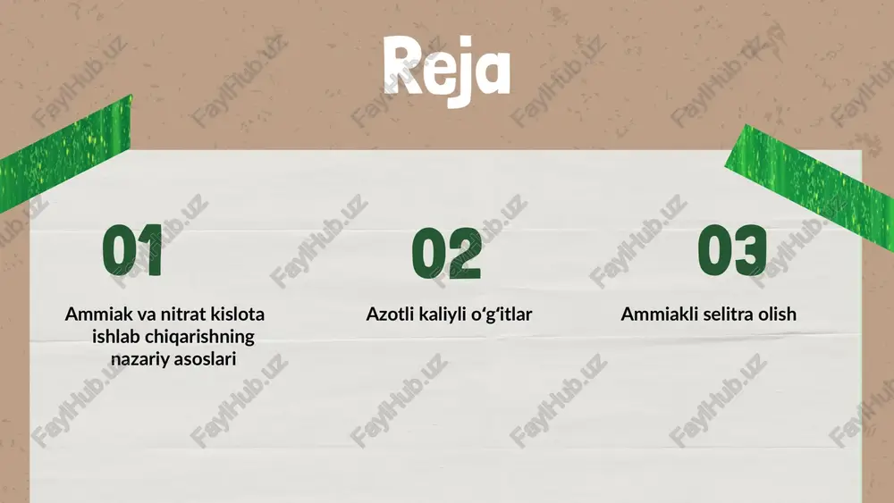 arayonida chiqindilar va issiqxona gazlari ajralishi mumkin. shuning uchun, texnologik takomillashtirish zarur. nitrat kislota ishlab chiqarish nitrat kislota - rangsiz, achchiq va juda korroziv bir suyuqlik bo'lib, u ko'plab kimyoviy jarayonlarda muhim rol o'ynaydi. uning kimyoviy xossalari orasida kuchli oksidlovchi xususiyatlari, yuqori erish harorati va suyuqlikdagi tez tarqalishini ko'rsatish mumkin. nitrat kislota ishlab chiqarish usullari orasida eng keng tarqalgani ammiak va kislorod bilan birlashtirilgan jarayonlardir. bu jarayonlarda ammiak va kislotaning turli proporsiyalari ishlatiladi, shuningdek, yuqori harorat va bosim sharoitida amalga oshiriladi. sanoatda nitrat kislota asosan azotli o'g'itlar ishlab chiqarishda, portlash materiallari tayyorlashda va turli kimyoviy moddalar sintezida qo'llaniladi. shuningdek, u metallni qayta ishlash va qog'oz sanoatida ham muhim ahamiyatga ega. ostwald jarayoni ostwald jarayonining bosqichlari ostwald jarayoni, ammiakni nitrat kislota ishlab chiqarishda muhim bosqichlardan biridir. bu jarayon uchta asosiy bosqichdan iborat: ammiakni oksidlashtirish, nitrat kislota hosil qilish va uning konsentratsiyasini oshirish. jarayonning kimyoviy tenglamalari ostwald jarayonining asosiy kimyoviy tenglamalari quyidagilarni …