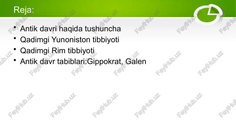 ari hozirgi zamonda ham qimmatini yo’qatgani yo’q .ikki ming yildan oshiq davr ichida bu kitob hakimlar uchun dastur bo’lib kelgani buni dalilidir. yunonistonda kraton,kridos va kos hakimlik maktablari kroton maktabi italiya hududida joshlashgan bu maktab qadimda kroton yerlari yunonistonga qaram edi.alkmeon kroton maktabining ko’zga ko’ringan vakili edi.alkmeon amaliy tibbiyotda juda tajribali hakim edi.u birinchilardan bo’lib ko’rish nervini kashf etgan.yevstaxiy nayini topdi.bosh miyani tekshirib,unda fikrlsh va idrok etish markazi mavjudligini aniqladi.kroton maktabining yana bir vakili diogen ham yaxshi anatom bo’lgan.u yurak va qon tomirlarini tekshirib yurakning o’ng qorinchasida qon , chap qorinchasida esa bo’shliq ko’rgan.shuningdek vena tomirlarida qon,arteriya tomirlarida bo’shliq ko’rgan. knidos maktabi shu nomli shahrda joylashgan. evrifon ismli olim asos solgan.bu makatabdan bizga “ichki kasalliklar”nomli asar qolgan.knidos maktabining erishgan natijasi shu bo’ldiki ular kasallik potogenizini ishlab chiqdi.bu tushunchaga binoan sog’liq va kasallik asosan organizmdagi suyuqliklarga (qon,safro,savdo va shilimshiqsimon moddaga)bog’liq.shu suyuqlik sog’liq va kasallikni belgilaydi,deb o’ylaganlar. kos maktabi kos maktabi yunonistonning …