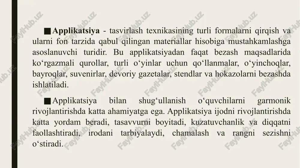 elementlar miqdori qog‘ozni tanlashni belgilaydi. tasvir ustida ishlanganda asosiy e’tibor tanlangan mavzuning mazmuniga, kerakli materiallar, ularning o‘lchamlari, ranglarini tanlashga qaratiladi. tasvir hajmiga ko‘ra eng katta element asosiy tematik element bo‘lishi kerak. namuna tariqasida 1-sinf o'quvchilari 8-mart uchun tabriknoma yasashlari mumkin. bu ishda bolalar andoza bilan ishlaydilar, taxlash va simmetrik qirqishni eslaydilar, chamalash ko‘nikmalarini sinaydilar va rangli qog‘ozdan ingichka oq va sariq to‘g‘ri chiziqlarni qirqadilar. quyosh uchun kvadrat qog‘ozdan doira qirqsa bo‘ladi. bolalar yasagan gullar turlicha bo‘lishi mumkin. novdalar ham qo‘lda qirqiladi. suhbatni o’qituvchi “8-mart kuni” haqida olib boradi va bunda sovg‘a masalasini eslatib o'tadi. eng yaxshi sovg‘a o‘z qo‘li bilan yasagan sovg‘adir. suhbat mehribon buvijonlarimiz, onajonlarimiz opa-singillarimiz haqida bo‘lishi mumkin. shundan keyin namuna ko‘rib chiqiladi, uning elementlari, ish usullari, kerakli materiallar aniqlanadi va ishning borishi belgilanadi. 1. tabriknoma uchun rangli qog‘oz tayyorlanib, u ikkiga buklanadi; 2. ko‘k rangdagi qog‘ozga to‘g‘ri burchak chiziladi, uning o‘lchami uzunasiga, tabriknoma ustining uzunligidan 1 sm …