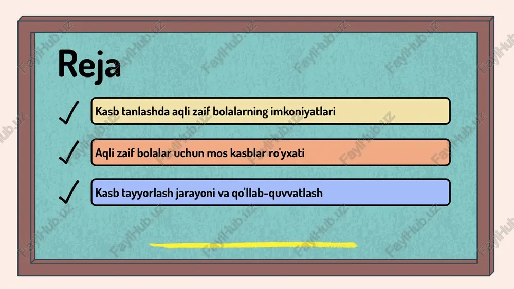 bolalar tomonidan ijtimoiy muhitga mos ravishda shakllanadi. 2. jamiyatning munosabatlari: jamiyatdagi ijtimoiy stereotiplar va qabul qilingan me'yorlar bolalarning kasb tanlashiga ta'sir ko'rsatishi mumkin. aqliy qobiliyatlari cheklangan bolalar ko'pincha muayyan kasblarga yo'naltiriladi, bu esa ularning imkoniyatlarini cheklaydi. 3. ota-onalar va jamoatchilik qo'llab-quvvatlashi: ota-onalar va jamoatchilik bolalarning kasb tanlashida qo'llab-quvvatlash va yo'l ko'rsatishlari muhimdir. ularning ishtiroki bolalarning o'z qobiliyatlariga bo'lgan ishonchini oshirishi va kengroq imkoniyatlarga yo'l ochishi mumkin. aqli zaif bolalar uchun mos kasblar ro'yxati aqli zaif bolalar uchun kasb tanlash juda muhimdir, chunki bu ularning ijtimoiy va iqtisodiy hayotga integratsiyasini ta'minlaydi. 1. kichik do'konlarda yordamchi: bu kasb bolalarga savdo jarayonida yordam berish va muloqot ko'nikmalarini rivojlantirish imkonini beradi. 2. bog'dorchilik: aqli zaif bolalar bog'dorchilik orqali tabiatga yaqinlashish va jismoniy faoliyat bilan shug'ullanish imkoniyatiga ega bo'lishadi. 3. oziq-ovqat xizmatlari: restoranlarda yoki kafelarda yordamchi sifatida ishlash, bolalarga jamoada ishlash va mijozlar bilan aloqa o'rnatish imkonini beradi. 1. kichik do'konlarda yordamchi - savdo va …