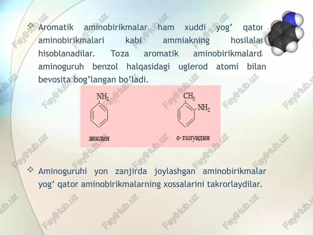 ni ohak bilan haydash natijasida hosil qilingan. 1842 yilda anilinni n.n.zinin nitrobenzolni qaytarib hosil qilgan. kam miqdorda toshko’mir smolasida bo’ladi. texnikada nitrobenzolni qaytarib olinadi. katta miqdorda bo’yoqlar ishlab chiqarishda qo’llaniladi. zinin reaksiyasi: c6h5no2 + 6h c6h5nh2 + 2h2o olinishi: nikolay nikolayevich zinin 1812-1880 olinishi: sanoatda c6h5no2 + 3h2 250-300c,ni,cu c6h5nh2 + 2h2o c6h5no2 + 6[h] fe,hcl,h2o c6h5nh2 + 2h2o (zinin, 1842) laboratoriyada: c6h5no2 + 2al + 2naoh + 4h2o c6h5nh2 + +2na[al(oh)4] c6h5no2 + 3zn + 6hcl c6h5nh2 + 3zncl2 + 2h2o c6h5cl + 2nh3 p,t,cu2o c6h5nh2 + nh4cl kimyoviy xossalari bromlash (sifat reaksiyasi): hcl bilan reaksiyasi: kimyoviy xossalari: karbon kislotalar bilan ta’siri: anilin tuzining ishqor bilan ta’siri: kimyoviy xossalari angidridlar bilan: kimyoviy xossalari sulfat kislota bilan: p-aminobenzolsulfokislota ishlatilishi: dimetilanilin – 1930c da qaynaydigan suyuqlik, bo’yoqlar, portlovchi moddalar olishda ishlatiladi. difenilamin – 540c da suyuqlanadigan kristall modda. bo’yoqlar tayyorlashda, poroxni barqarorlashtirishda ishlatiladi. toluidinlar – tegishli nitrotoluollarni qaytarish orqali olinadilar. bo’yoqlar …