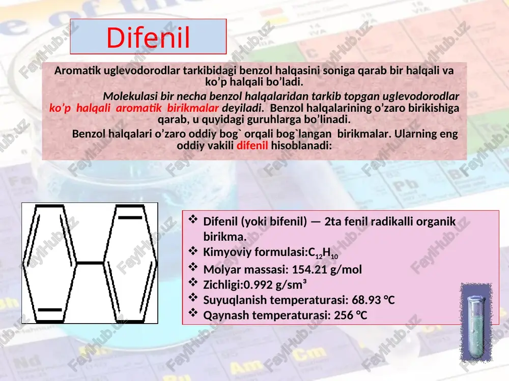i. naftalin oq, yaltiroq kristall modda, 80oc da suyuqlanadi. o`ziga xos o’tkir hidga ega. u qattiq modda bo’lishiga qaramay oson uchuvchan. suvda erimaydi, benzol va efirda yaxshi eriydi, qizdirilganda spirtda ham eriydi. kimyoviy xossalariga ko’ra naftalin benzolga o`xshaydi. u benzol singari aromatik xossaga ega, o’rin olish va birikish reaksiyalarga kirishadi. naftalin ham benzolga o`xshab galogenlanadi, nitrolanadi, sulfolanadi. naftalinning α - holatda turgan vodorod atomlari β - holatiga nisbatan o’rin almashinish reaksiyasiga oson kirishadi. naftalin sulfokislotalardagi sulfoguruh gidroksil guruhiga almashinish mumkin. bunda naftollar hosil bo`ladi. naftalin qaytarilishi (gidrogenlanish) natijasida reaksiyaning olib borilishi sharoitiga qarab di-, tetra- va dekagidronaftalinlar hosil bo’ladi: naftalin galogenlash, sulfolash va nitrolash reaksiyalariga ham kirishadi olinish usullari. naftalin asosan toshko’mir smolasidan ajratib olinadi. uni laboratoriya sharoitida quyidagi usullar bilan olish mumkin. benzol bilan atsetilen aralashmasini yuqori haroratda katalizator ustidan o’tkazilganda naftalin hosil bo’ladi: 2. fenilizokroton kislota qizdirilganda naftal hosil bo’ladi, naftalni qaytarib esa naftalin olinadi: 3. divinil bilan …