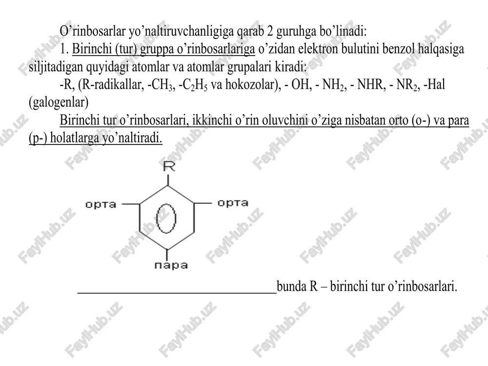 rodni aniqlang (yon zanjirning nitrolanishi hisobga olinmasin). 1) propilbenzol 2) 1-metil-4-etilbenzol 3) izopropilbenzol 4) 1-metil-2-etilbenzol 3. tarkibi c 9 h 12 bo‘lgan aromatik uglevodorodga konsentrlangan nitrat va sulfat kislotalar aralashmasi ta’sir ettirilganda tarkibi c 9 h 11 no 2 bo‘lgan ikkita izomer aralashmasi hosil bo‘ldi. reaksiya uchun olingan aromatik uglevodorodni aniqlang (yon zanjirning nitrolanishi hisobga olinmasin). 1) etilbenzol 2) 1-metil-4-etilbenzol 3) 1-metil-4-izopropilbenzol 4) 1-metil-2-etilbenzol 4. tarkibi c 9 h 12 bo‘lgan aromatik uglevodorodga konsentrlangan nitrat va sulfat kislotalar aralashmasi ta’sir ettirilganda tarkibi c 9 h 11 no 2 bo‘lgan to‘rtta izomer aralashmasi hosil bo‘ldi. reaksiya uchun olingan aromatic uglevodorod(lar)ni aniqlang (yon zanjirning nitrolanishi hisobga olinmasin). 1) etilbenzol; 2) 1-metil-4-etilbenzol; 3) 1,2-dietilbenzol; 4) 1-metil-2-etilbenzol. /docprops/thumbnail.jpeg aromatik halqadagi yo'naltirish qoidalari. mayrusschi:texniks faniarfaleafa <doktori. nurilloyev zafar ismatilloyevich
